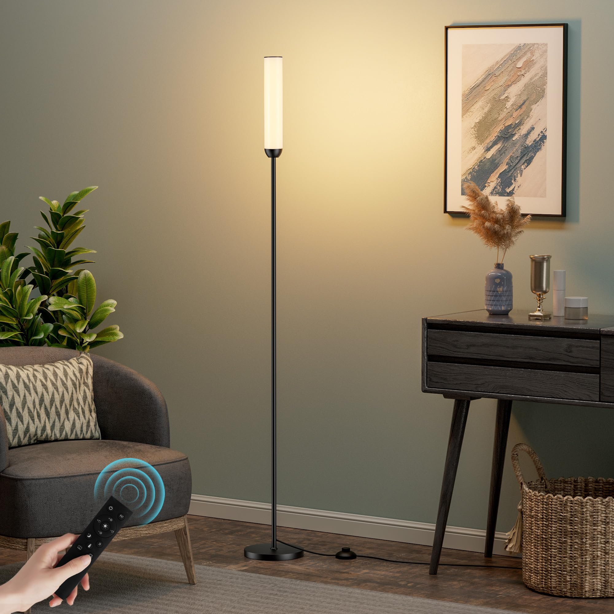 LED Stehlampe Wohnzimmer Dimmbar, Deckenfluter LED Dimmbar, Moderne Standleuchte Wohnzimmer mit Fernbedienung & 5 Farbtemperaturen Stufenlos, Schwarz