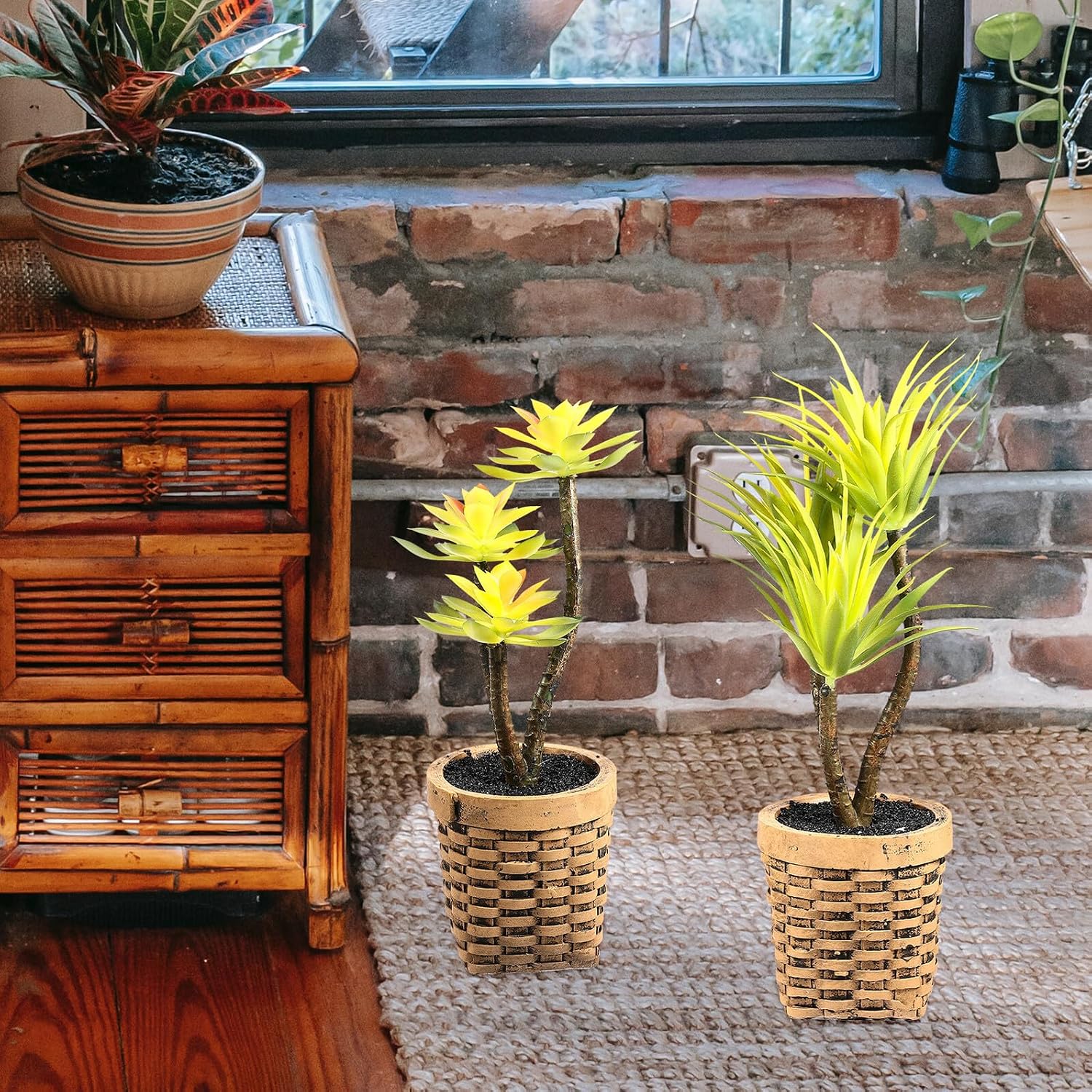 Kichvoe 2pcs Artificial Succulent Plant Pots Set, Faux Simulation Bonsai with Cement Planters, Fake Succulent Greenery Decor for Home and Office Table Centerpiece