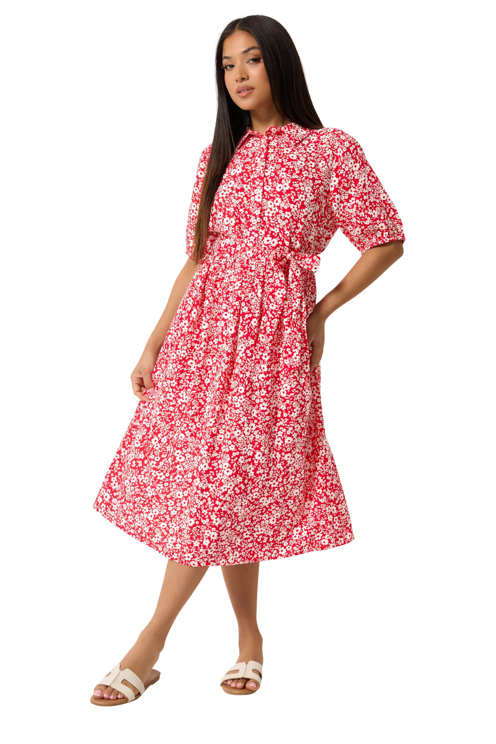 M&Co Women's Petite Floral Print Dress Size 14 Red