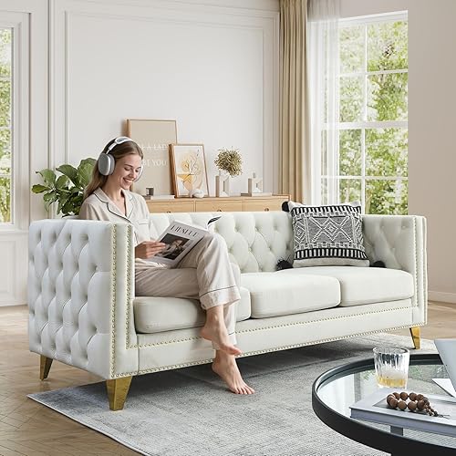 Miniatura 3 de Sofá Chesterfield, sofá moderno de terciopelo de 3 plazas con botón acolchado y ribete de tachuelas, sofá tapizado de asiento profundo, sofá grande