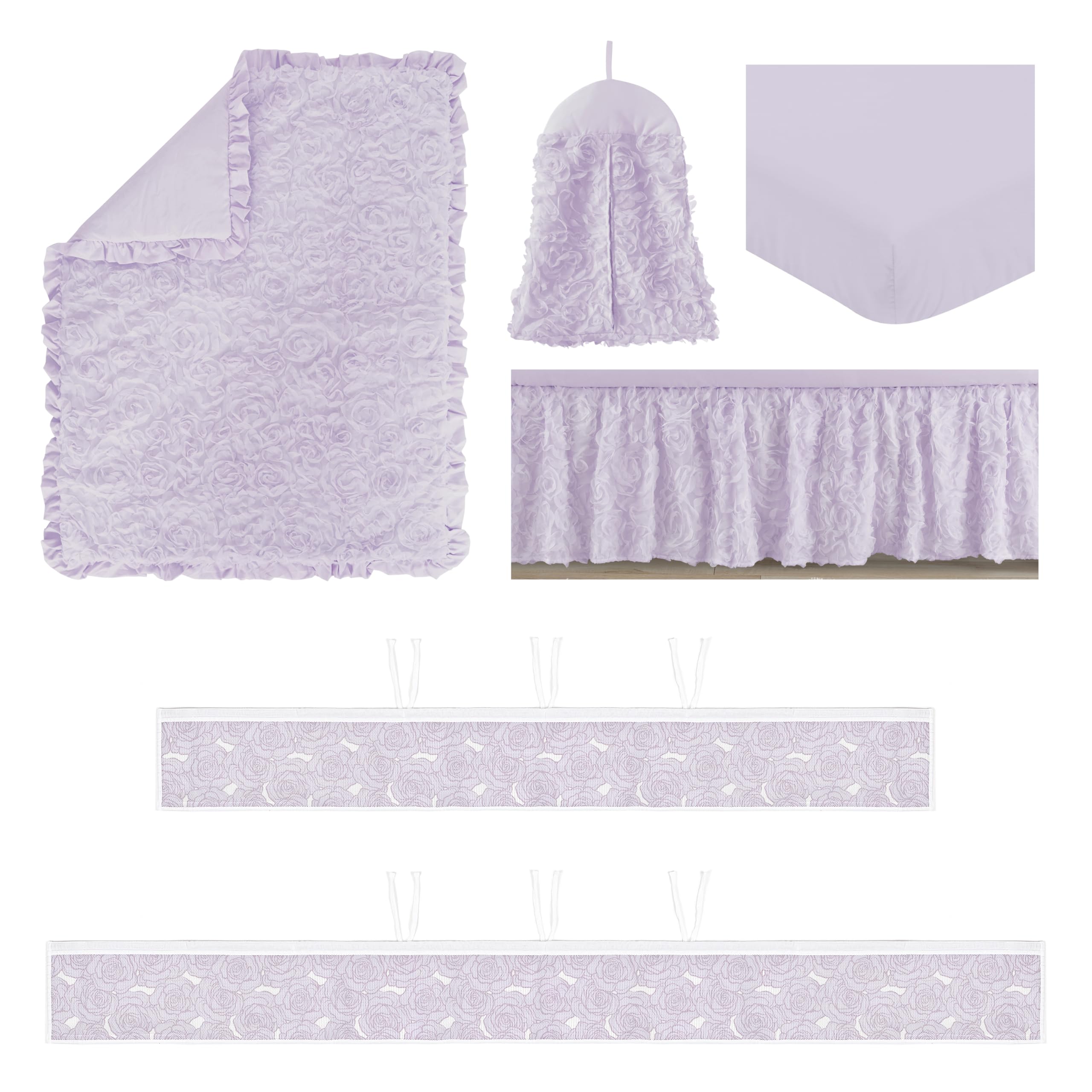Sweet Jojo Designs Juego de ropa de cama para cuna de bebé con diseño de rosas y flores moradas, transpirable, forro de malla transpirable para cuna, 6 piezas, flor de lavanda sólida, elegante,