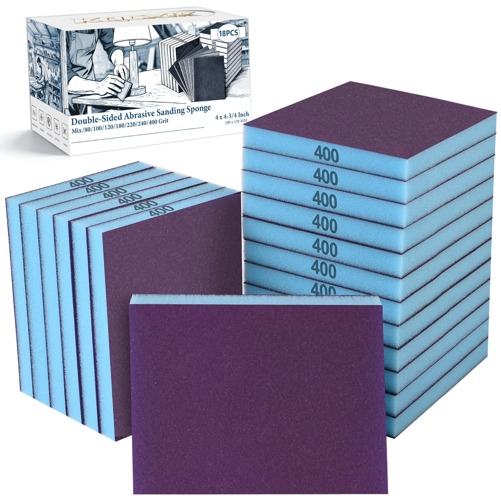 KQCXIK 18 Pack Wet Dry Sanding Sponge Set, 400 Grit Foam Blocks Sandpaper