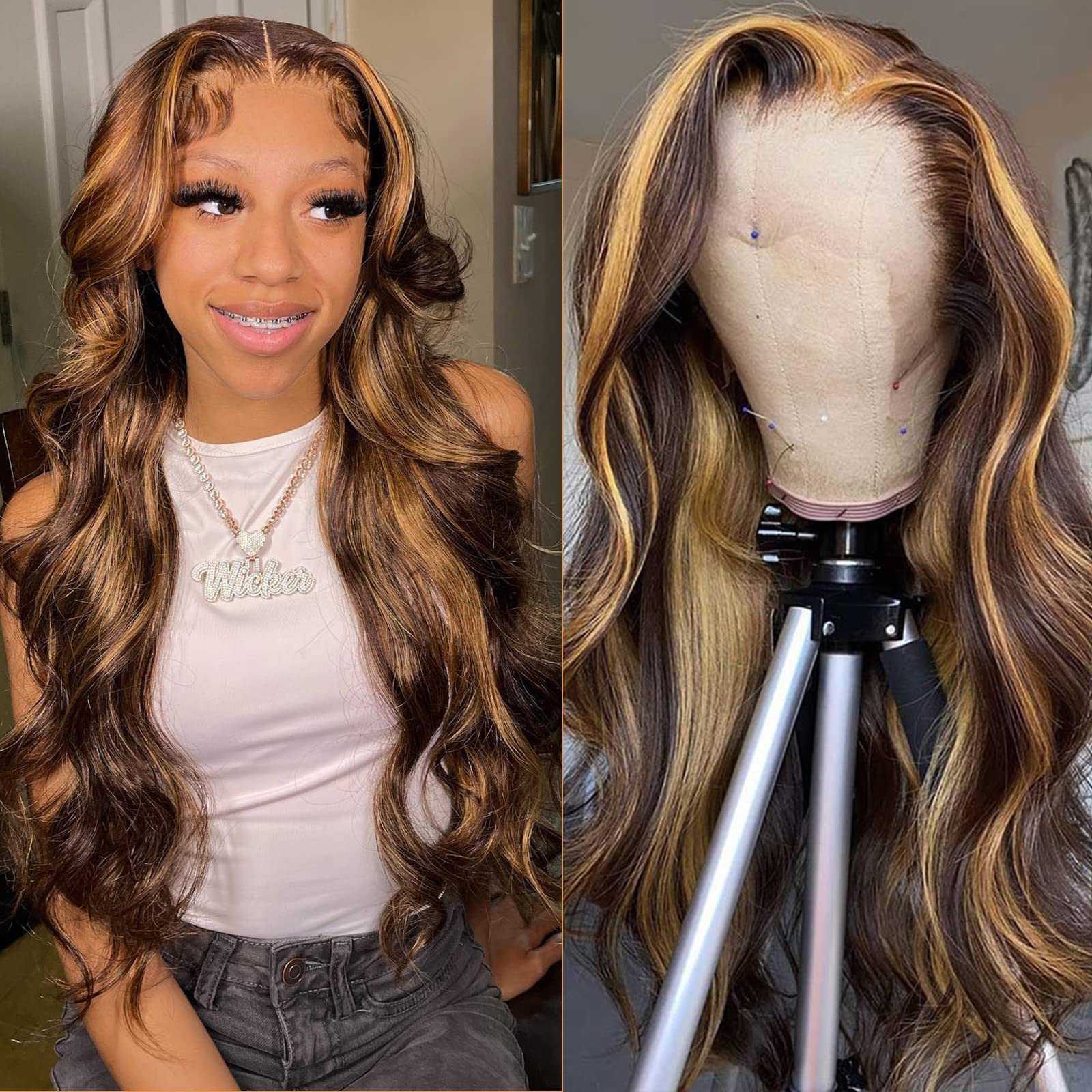 Ombre Lace Front Wig Human Hair 4/27 Highlight Honey Blonde 13x4 HD Transparent Lace Front Wigs Human Hair Pre Plucked Colored Glueless Body Wave Frontal Wigs for Women 150% Density 26 Inch
