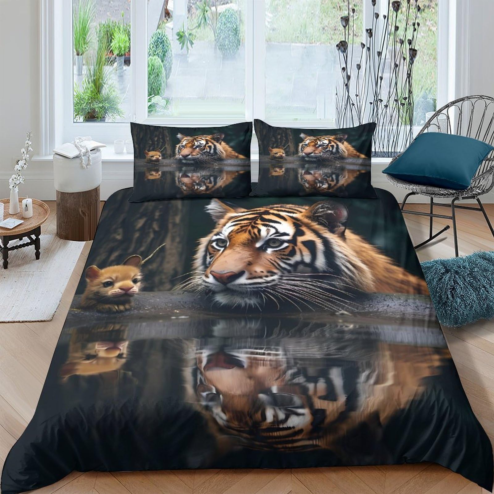 Ctjqhvkz Style-7 3D Printed Tiger Reflection Fitted Sheet Microfiber Soft Black Animal Bed Cover For Bedroom Guest Room Mattress Decor Single（135X200cm）