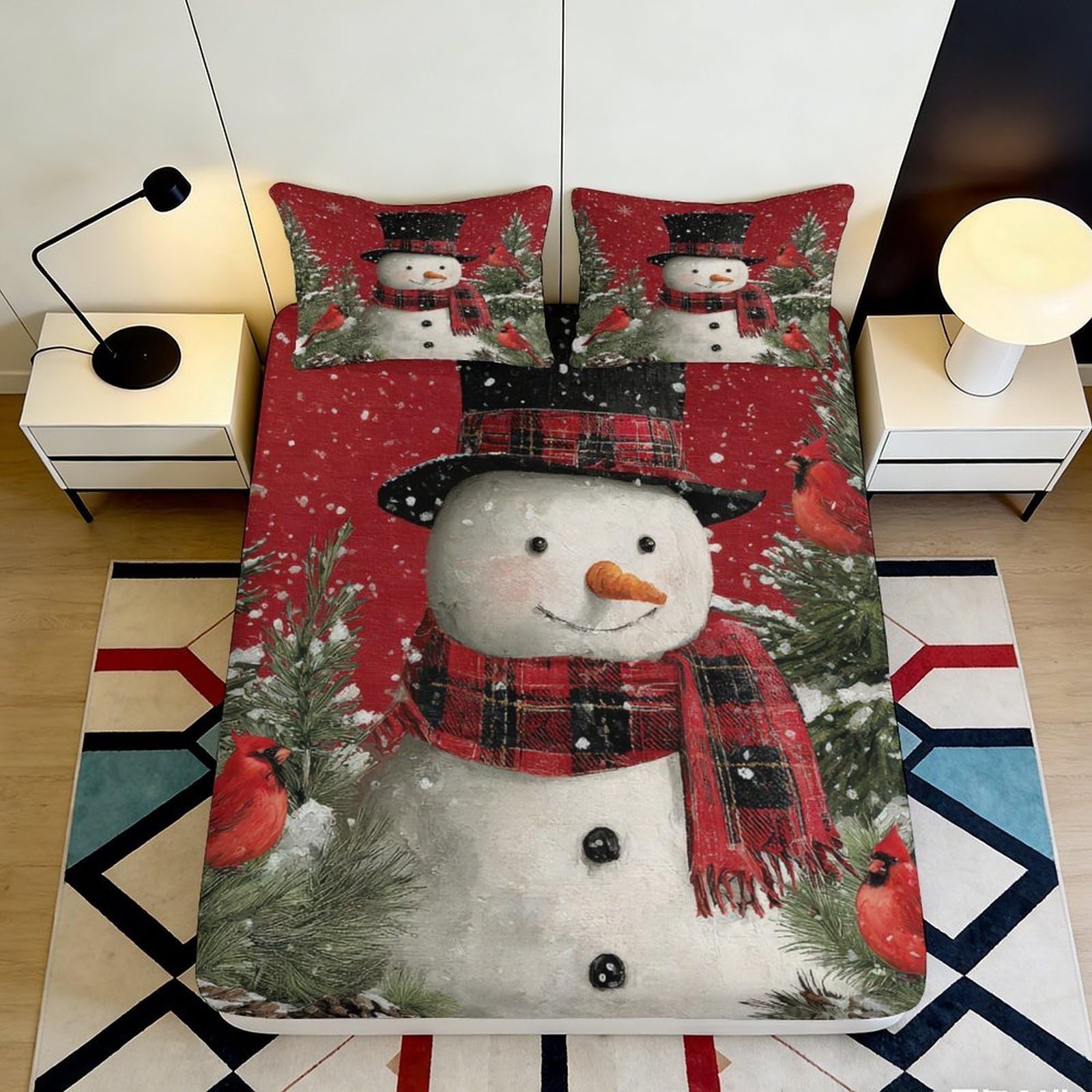 3D Printed Snowman Christmas Fitted Sheet Microfiber Soft Breathable Winter Scene Bed Cover for Bedroom Decor 90x200x25cm