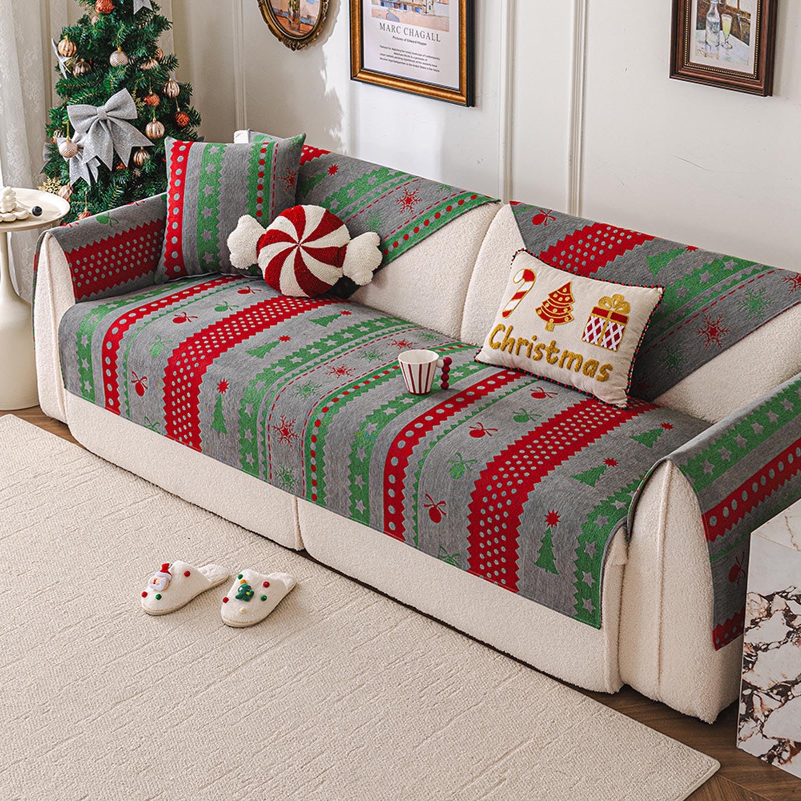 Housse de canapé chenille grise 70x70cm pour une décoration de Noël cocooning