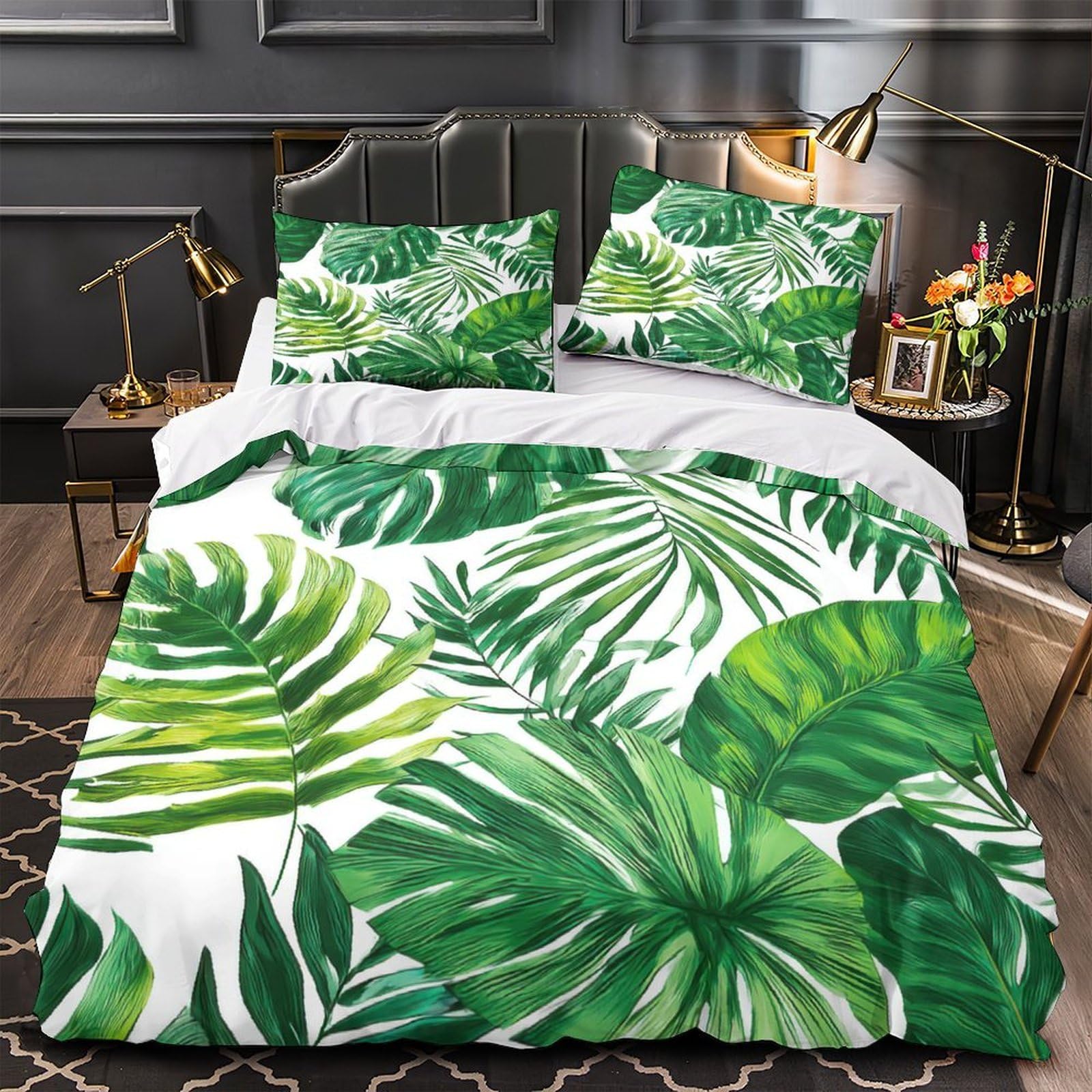 Parure de lit feuilles tropicales King 220x240cm avec housse de couette