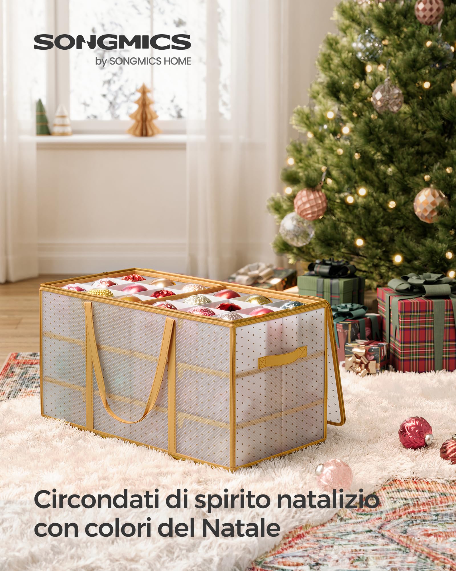 SONGMICS Contenitore per Palline di Natale, 54 Scomparti da 10,2 cm, Scatola Decorazioni Natalizie in Plastica con Coperchio, Doppia Cerniera Lampo, 6 Vassoi, Maniglie, Dorato Sabbioso RFB030A01