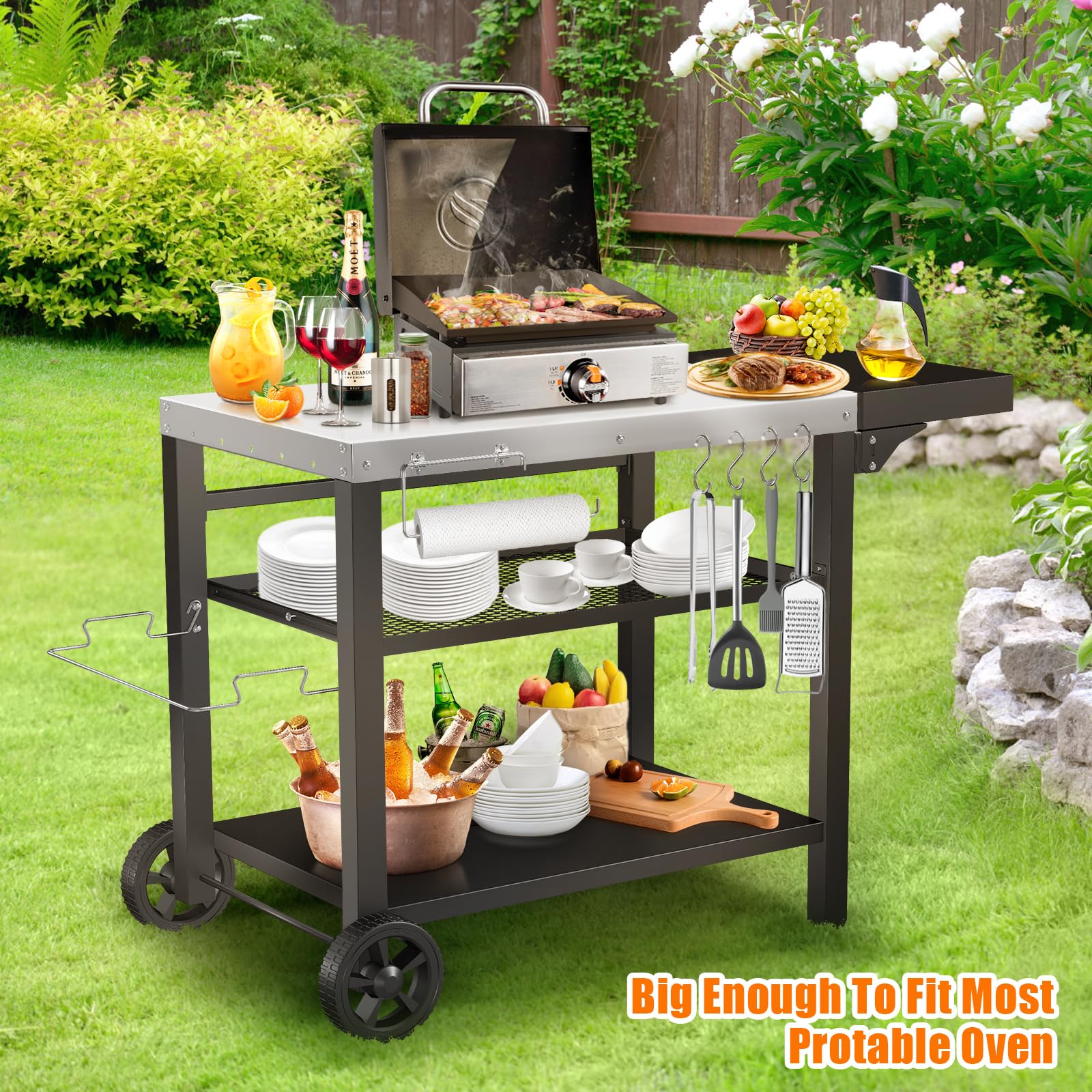 GFTIME Mesa de barbacoa de acero inoxidable con 3 niveles, soporte para horno de pizza, mesa de barbacoa para exteriores, carrito de trabajo con 4 ganchos, carrito de servicio al aire libre, mesa