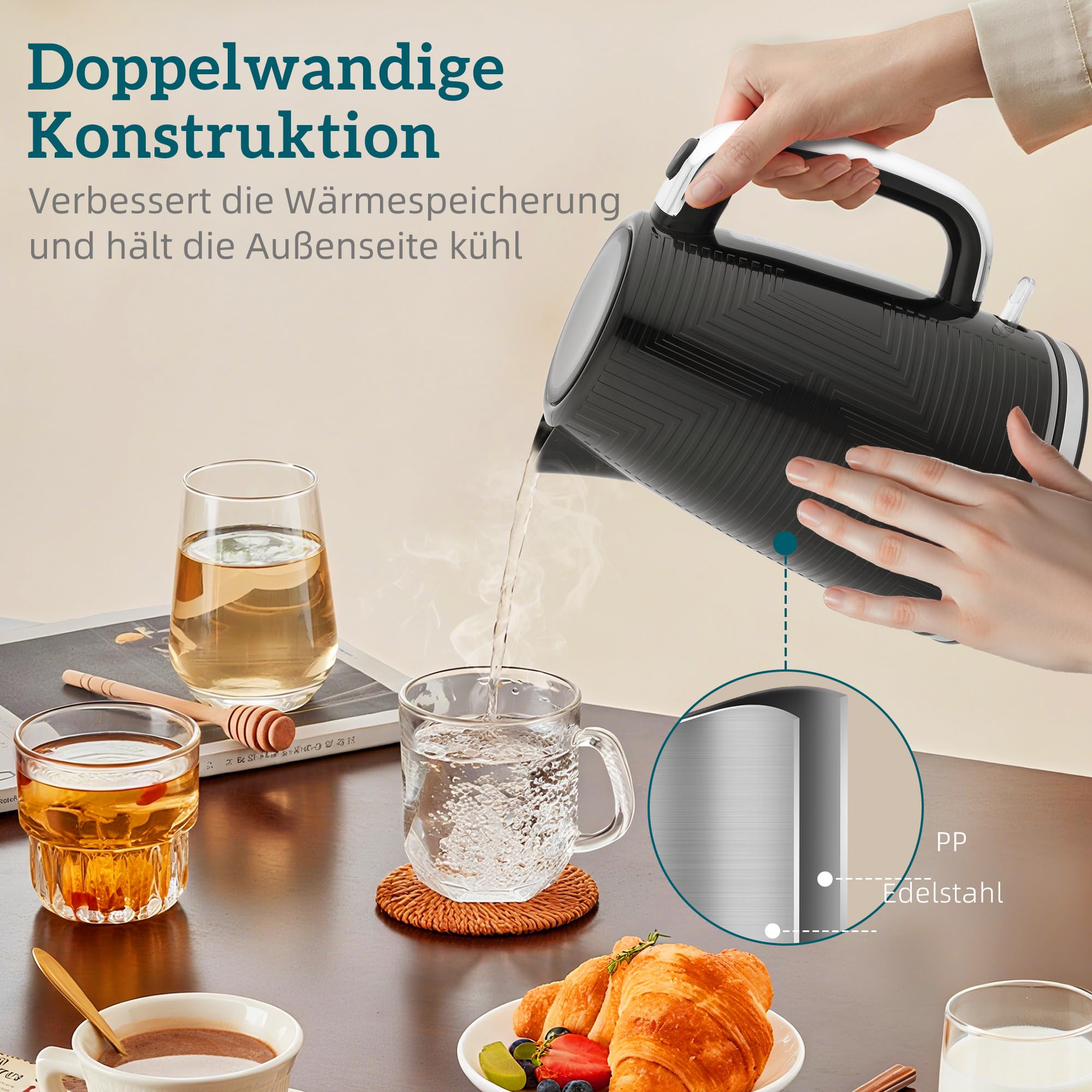 HOMCOM Wasserkocher Toaster Set 1,7L 2200W Edelstahl-Innenraum Otter-Thermostat Kalkfilter Frühstücksset 2 Scheiben Toaster 7 Bräunungsstufen Schwarz