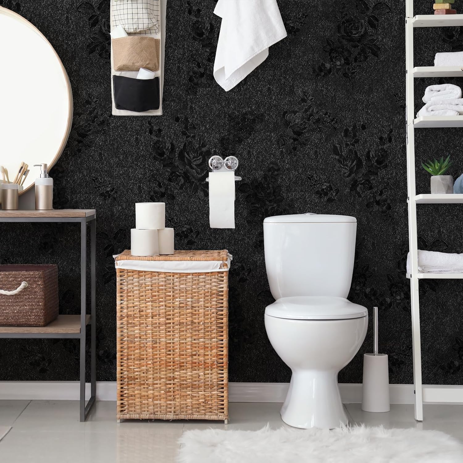 Black Floral Wallpaper, 17.7 x 118 in Peel and Stick Waterproof Self Adhesive Wall Paper, Removable Vintage Black Floral Embossed Contact Paper for Cabinets Drawers Kitchen Countertop Wall