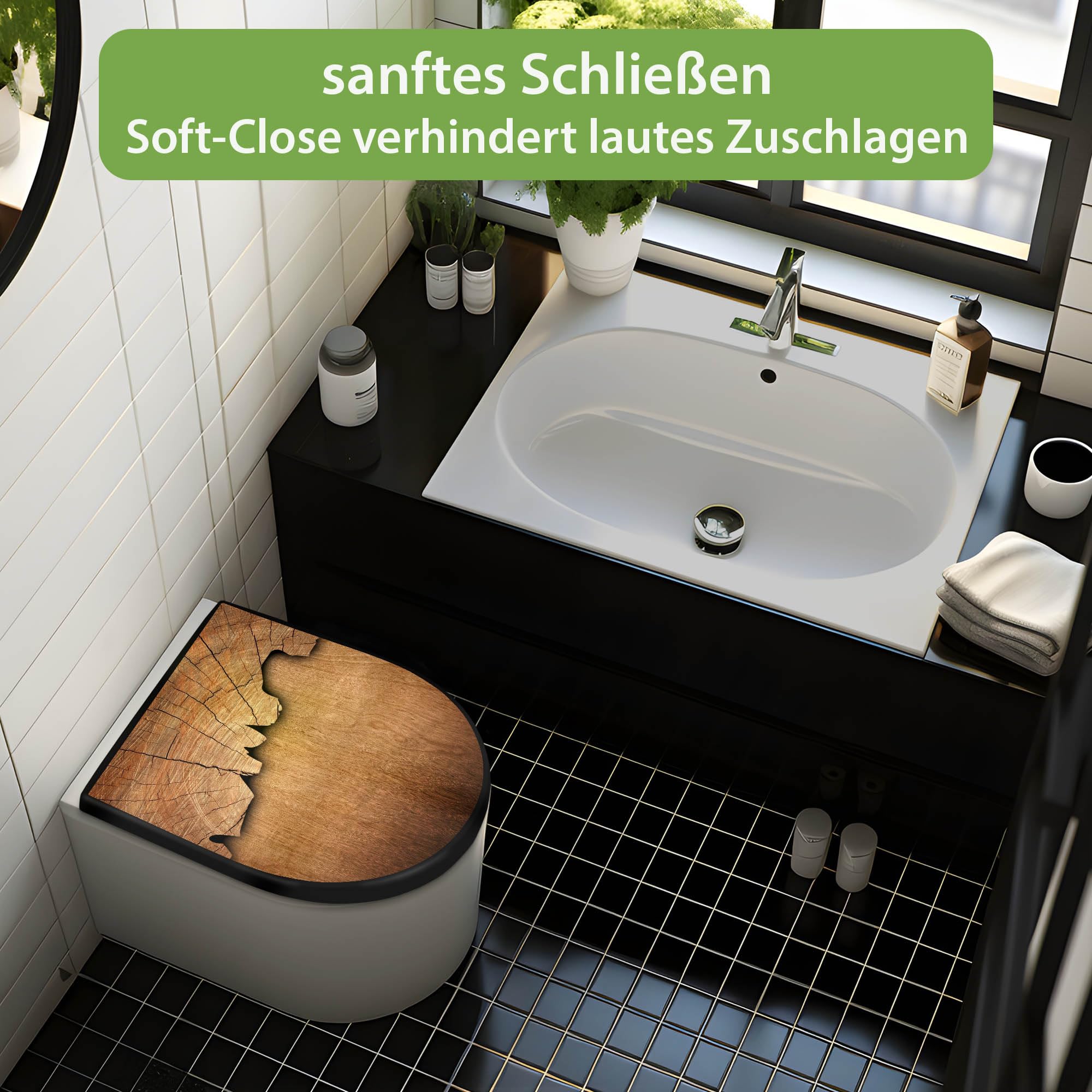 banjado WC Sitz mit Absenkautomatik D Form - Toilettendeckel mit Absenkautomatik D Form - Klodeckel Softclose - stabile Klobrille - Toilettensitz Schwarz - Motiv Holz