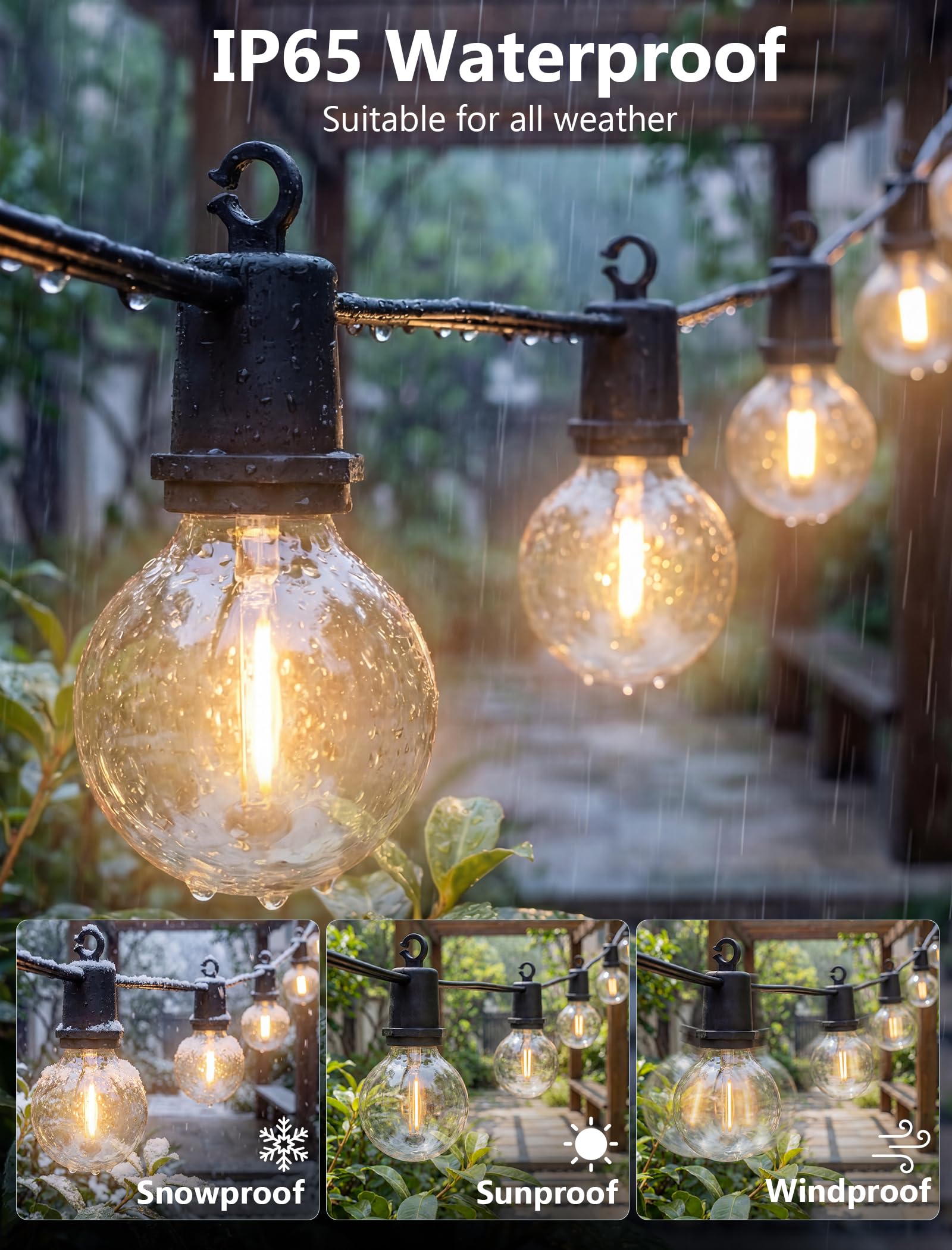 Condition photo showing New/Like New for 100ft led outdoor string lights, 52 g40 bulbs shatterproof patio lights, ip65 waterproof hanging connectable warm white outdoor lighting for outside backyard balcony porch home decor