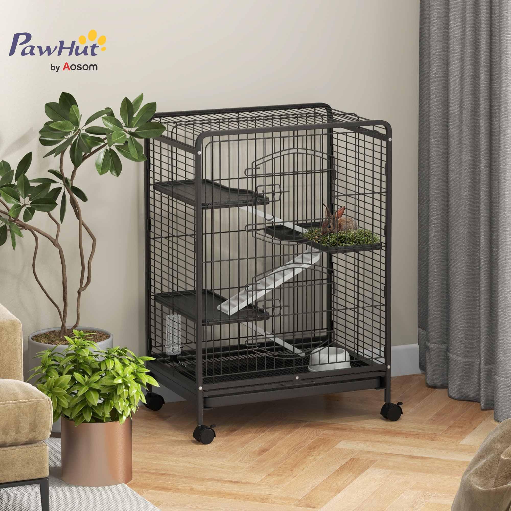 PawHut Gabbia per Piccoli Animali e Piccoli Roditori con Ruote, Gabbietta per Conigli e Cincillà con 3 Rampe e 3 Piattaforme, Ciotola e Bottiglia, 61.5x44x95 cm, Nero