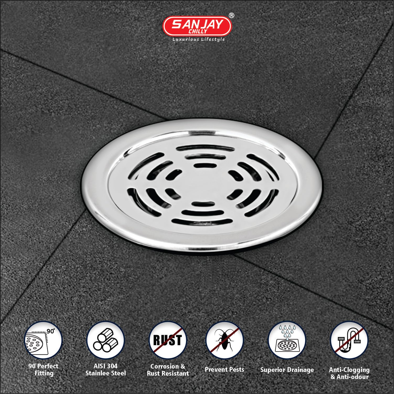 Sanjay Chilly Round Ringo Floor Drain Cover Jali 5 INCH for Bathroom 304 Grade Waste Water Drainer Washbasin Sink Bathtub Laundry Safety from Cockroach & Insects (Round Ringo Silver)