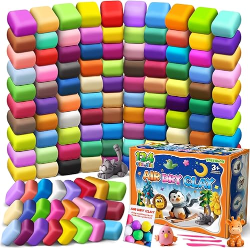 ESSENSON Arcilla de secado al aire 124 colores, arcilla para modelar para niños, arcilla mágica de moldeo de bricolaje con herramientas, regalos