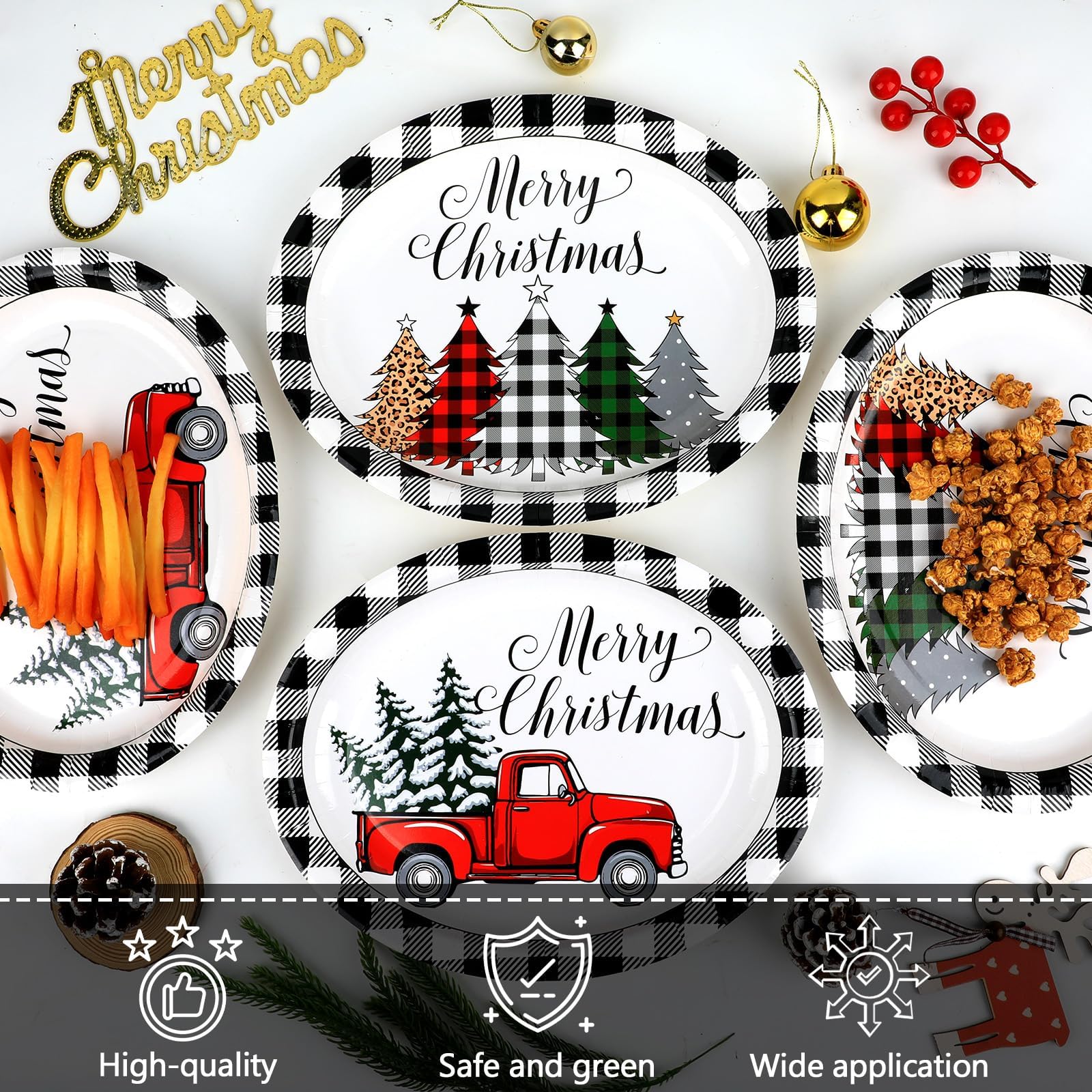 50 platos de papel ovalados de Navidad, grandes, desechables, de 11 pulgadas, color blanco y negro, diseño de camión, árbol de Navidad, bandeja de papel ovalada, bandeja de platos resistente para
