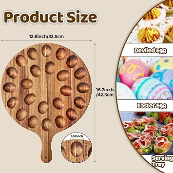 Baaxxango Deviled Egg Platter,Wooden Deviled Egg Tray,Reversible 24 Holes Round Egg Holder Container Charcuterie Board for Kitchen Countertops,Serving Tray(Acacia Wood)