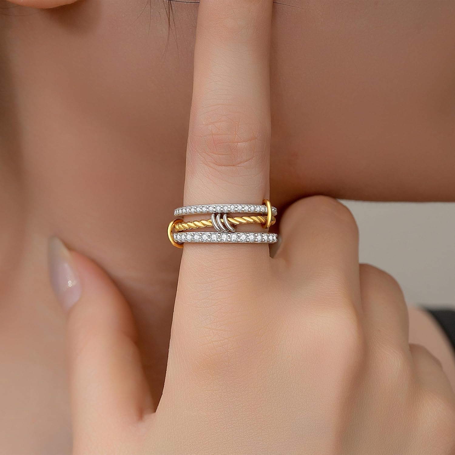 925 Sterling Silver Gold Interlocked Stackable Rings for Women - Multi Link Interlocking Rope 3 Ring Set - Cubic Zirconia Ring Non-Tarnish Connected Band Jewelry Gift.