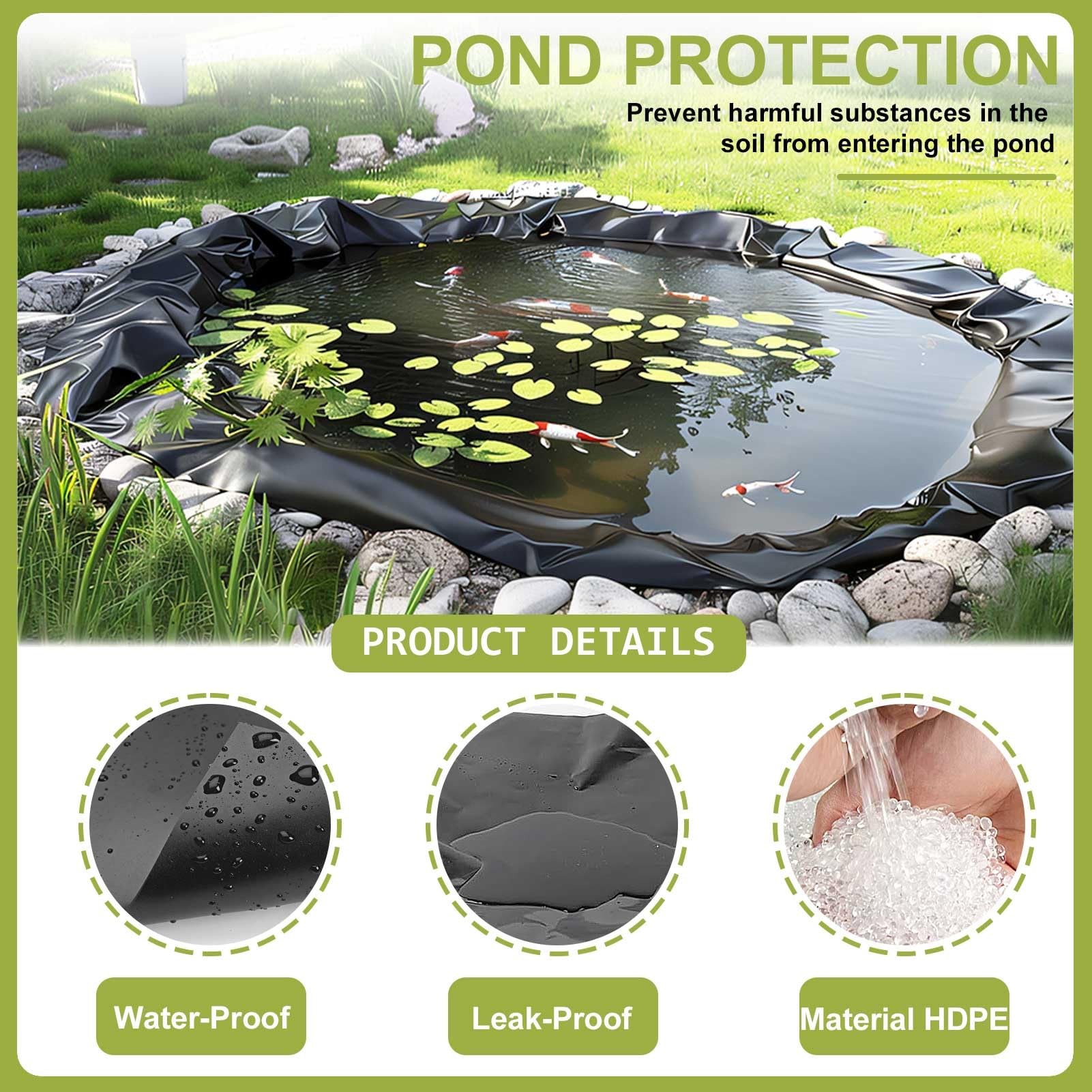 5x10m HDPE stagno liner ecologico sicuro per pesci impermeabile ideale per laghetti all'aperto disponibile in diverse dimensioni (3x4m 5x5m 6x9m 7x10m 8x12m 10x15m)