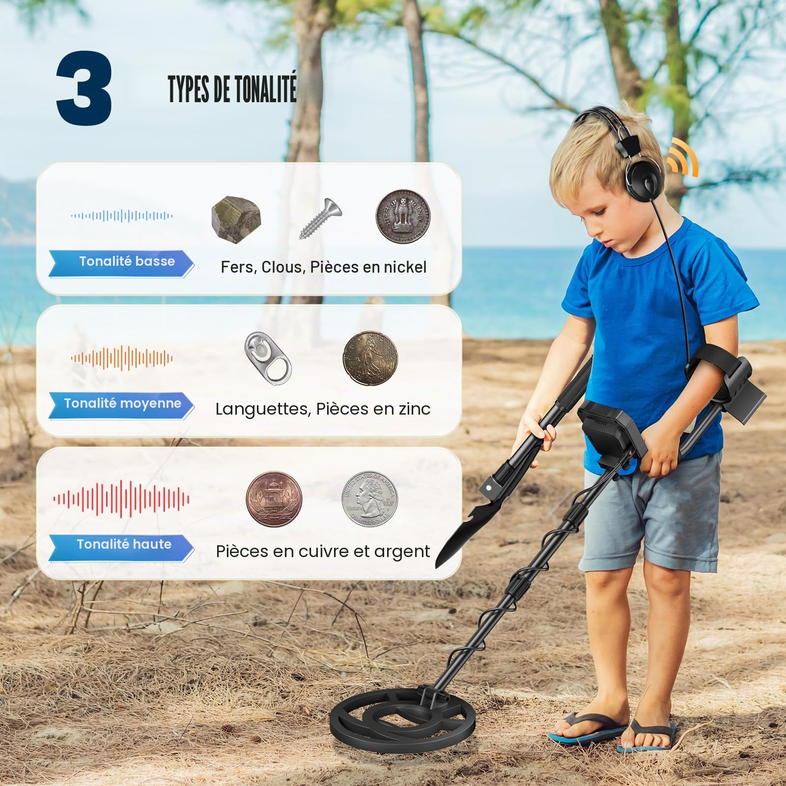 Détecteur de métaux Professionnel, 5 Modes Détecteurs de métaux pour Adultes et Enfants, détecteur de métaux Rechargeable avec Bobine de Recherche étanche IP68, écran LCD (Bleu Clair)
