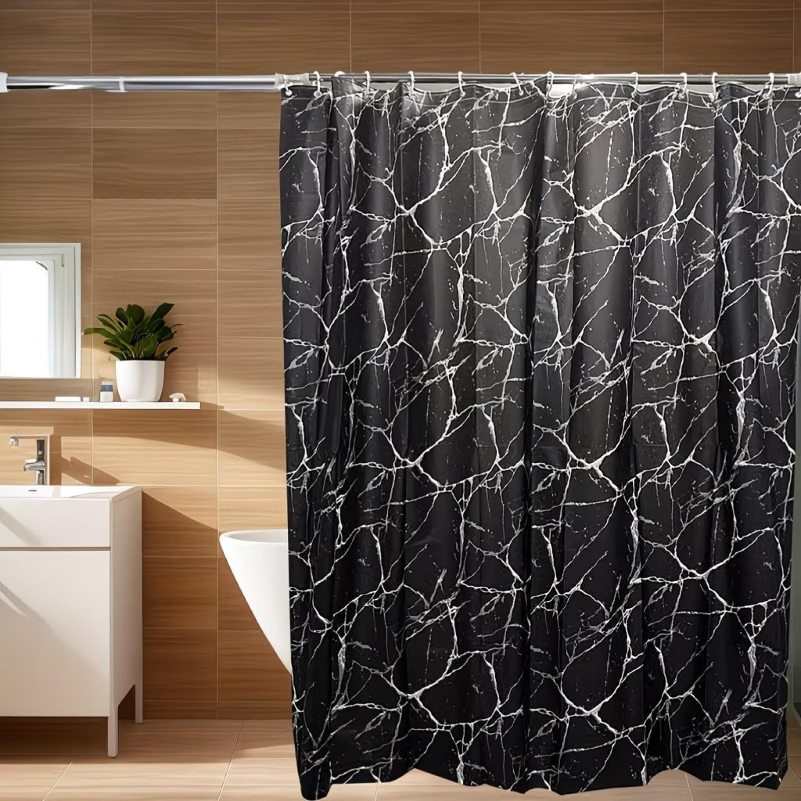 Shower Curtains Black Marble Wet Room Shower Curtain Mould Proof Resistant Waterproof Polyster Fabric Washable with 12 Hooks Garden Bathroom Curtains (180x180cm)