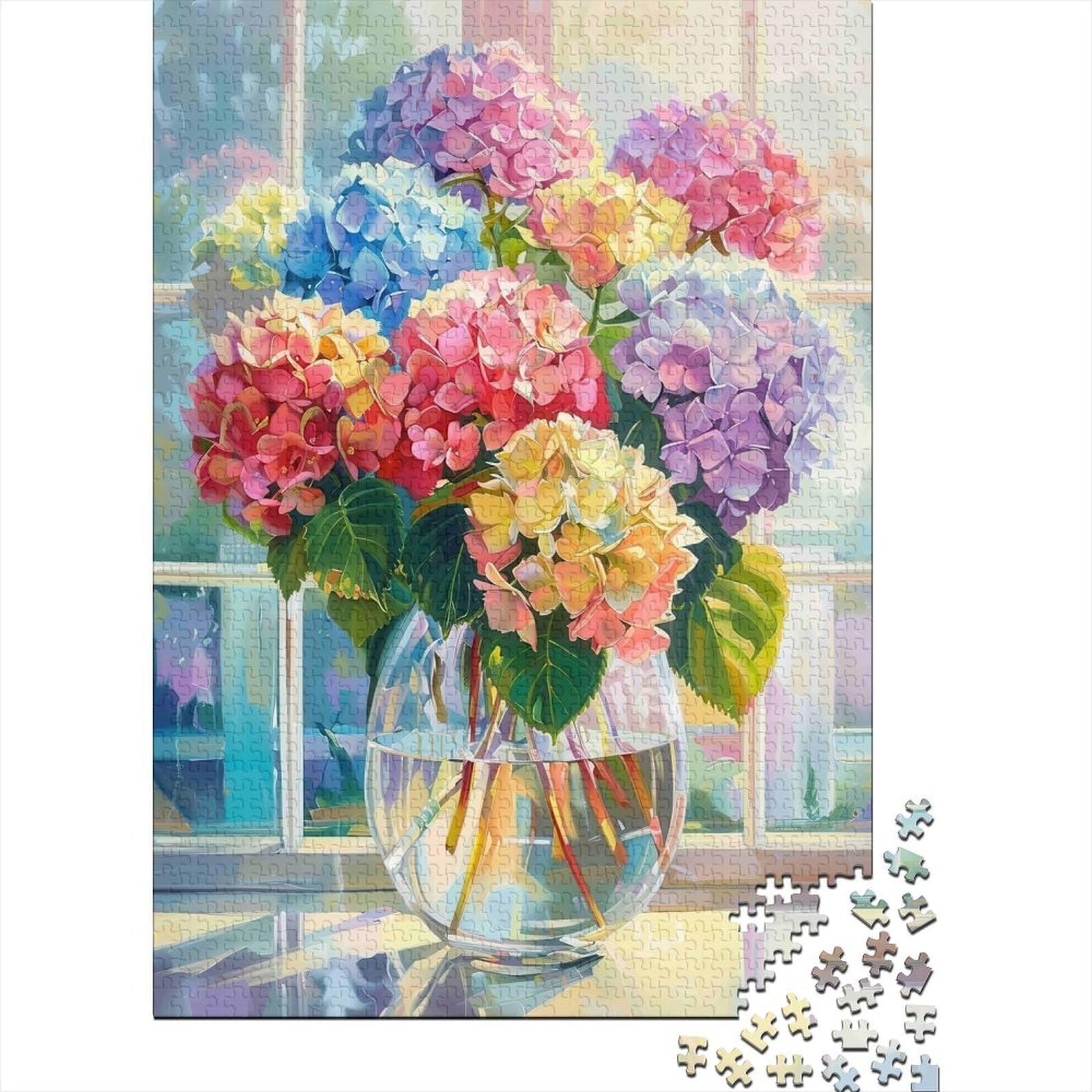 Hydrangea Flower Vase 1000 Piece Jigsaw Puzzle Paper for Adults Bright Interior Window Family Puzzle Game Relaxing Home Decor Gift 70x50cm/1000pcs