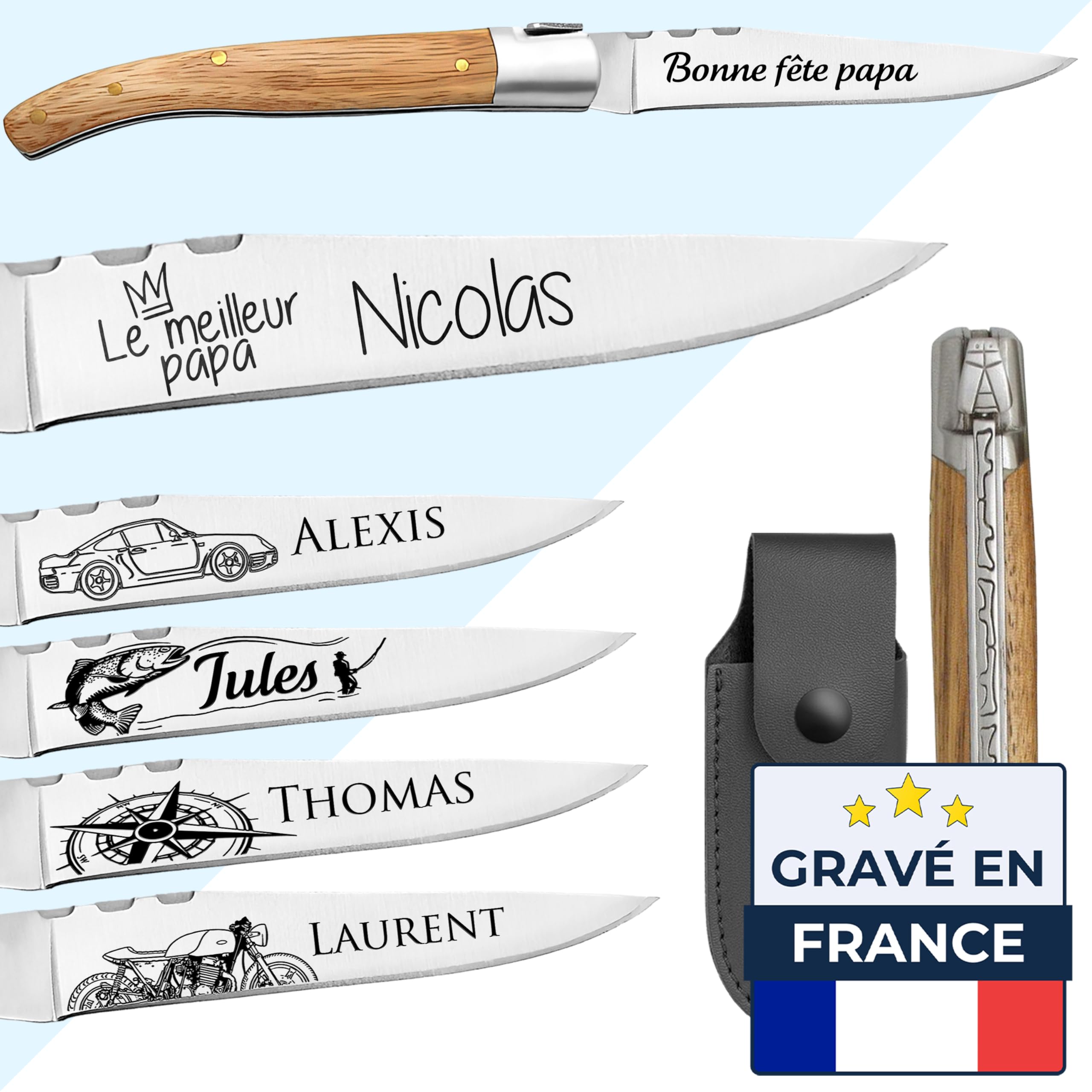 KDO MAGIC Couteau personnalisé - Lame avec prénom gravé - Manche en bois de frêne - Idée Cadeau - Cadeau pour homme, fête des pères, papa, grands pères, tonton, parrain, anniversaire, noël