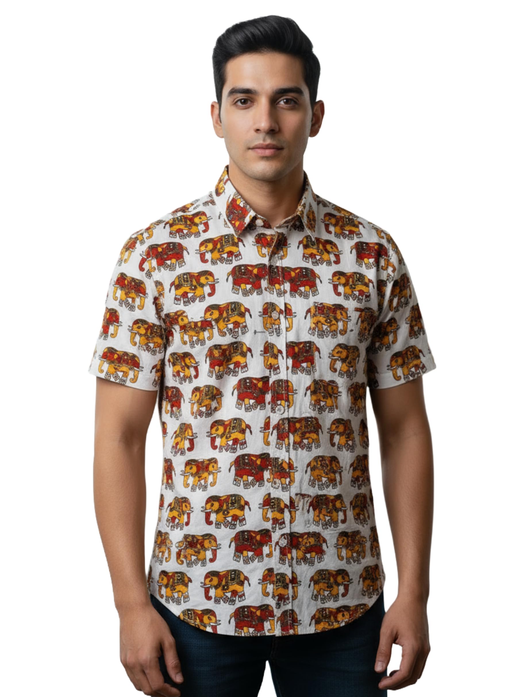 Men's Summer Regular Fit Warli Ajrakh Camel Print Casual Shirt | Half Sleeves Cotton Shirts for Men | Block Print Cotton Mens Shirt for Men/Boy-image-0