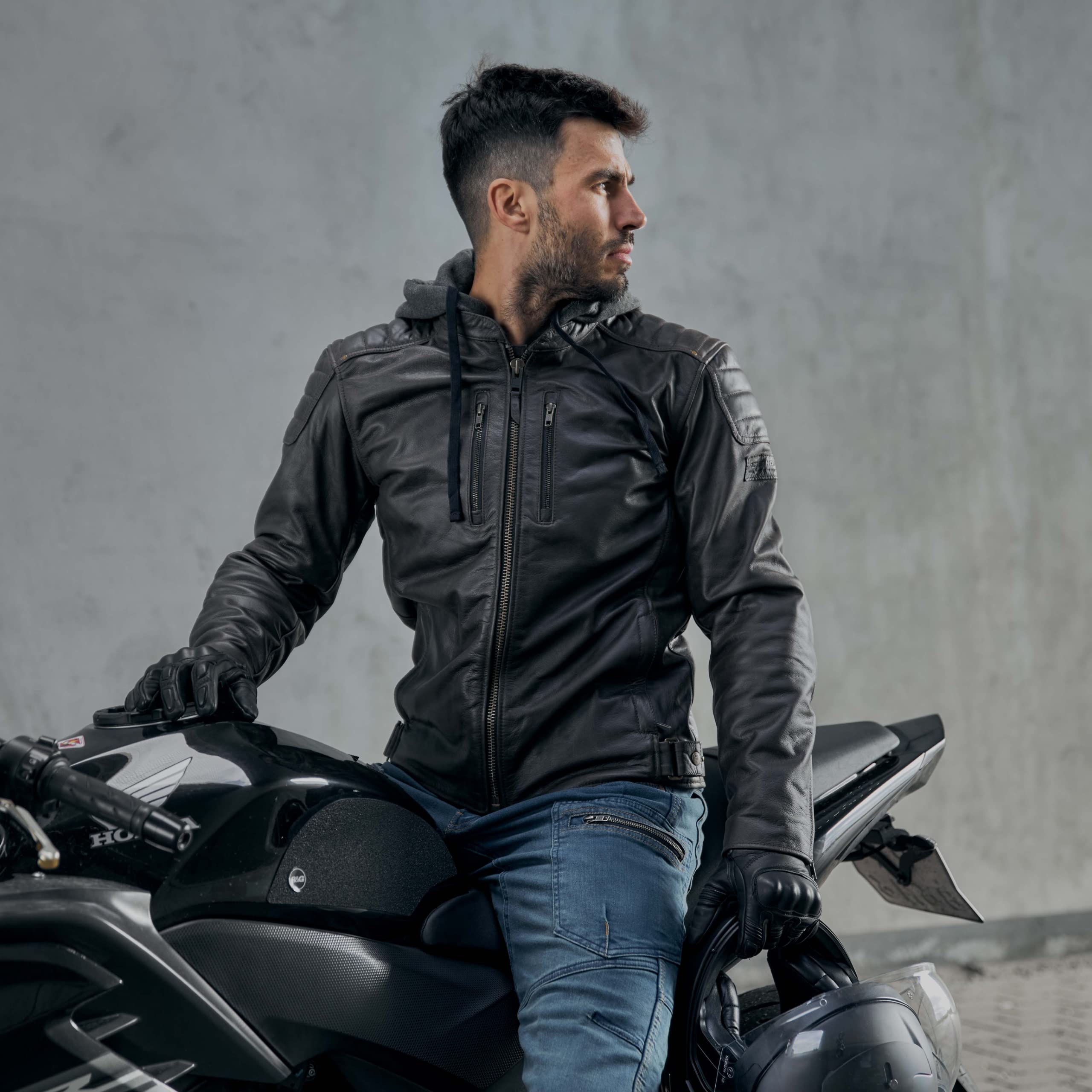 REBELHORN Impala Motorradjacke Herren | Leder | Ellbogen und Schulterprotektoren | Abnehmbare Kapuze | Größen bis 10XL
