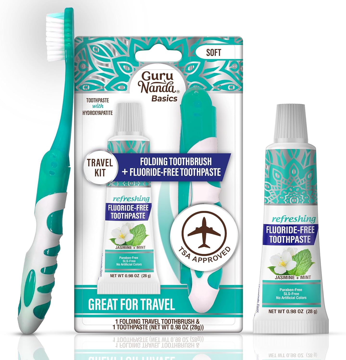 GuruNanda Folding Toothbrush with Built-in Cover & Toothpaste with Hydroxyapatite, Perfect for Travel, Compact & Portable, On-The-go – Soft Bristles & Ergonomic Handle, for Adults & Kids (1 Count)