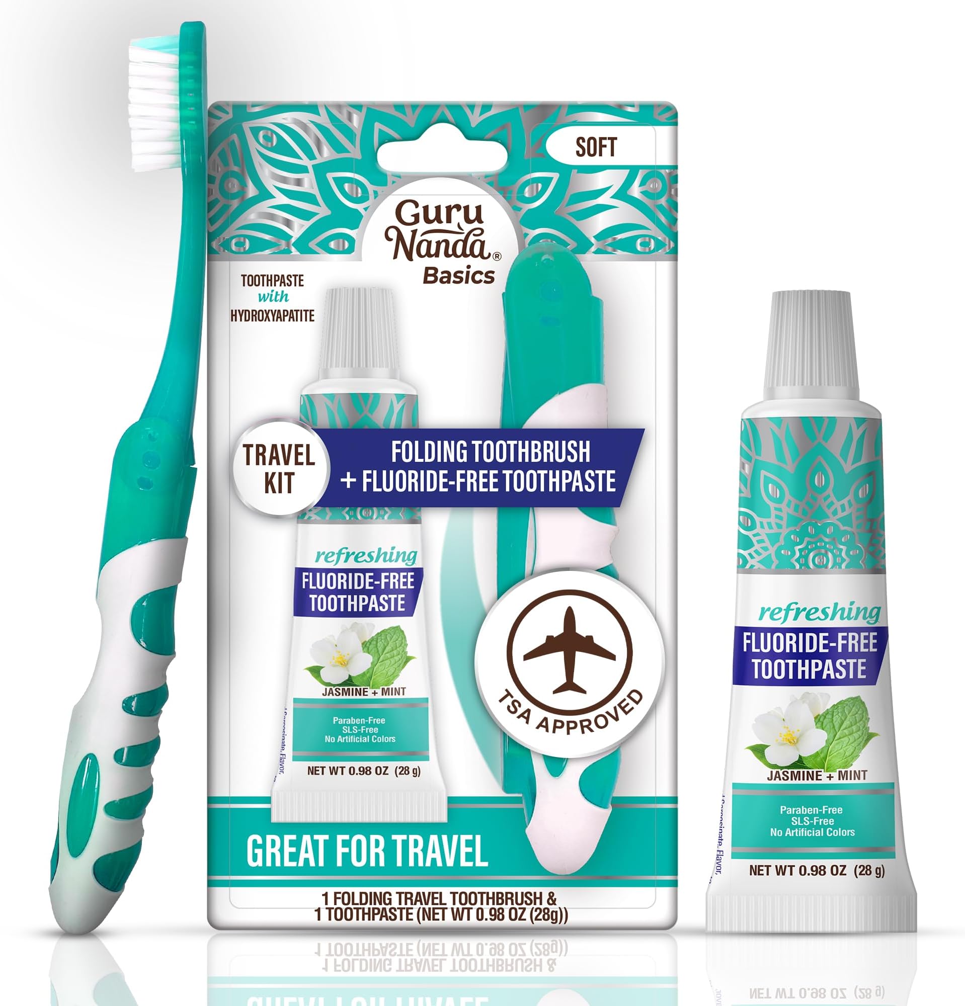 GuruNanda Folding Toothbrush with Built-in Cover & Toothpaste with Hydroxyapatite, Perfect for Travel, Compact & Portable, On-The-go - Soft Bristles & Ergonomic Handle, for Adults & Kids (1 Count)