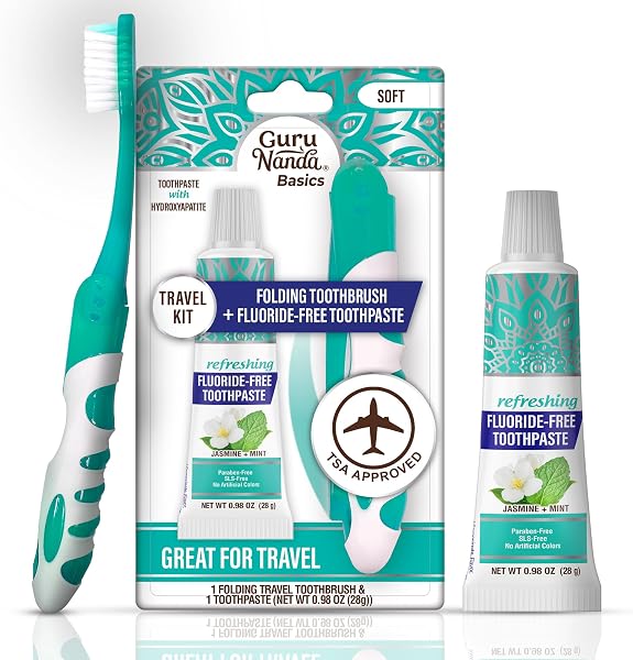 GuruNanda Folding Toothbrush with Built-in Cover & Toothpaste with Hydroxyapatite, Perfect for Travel, Compact & Portabl