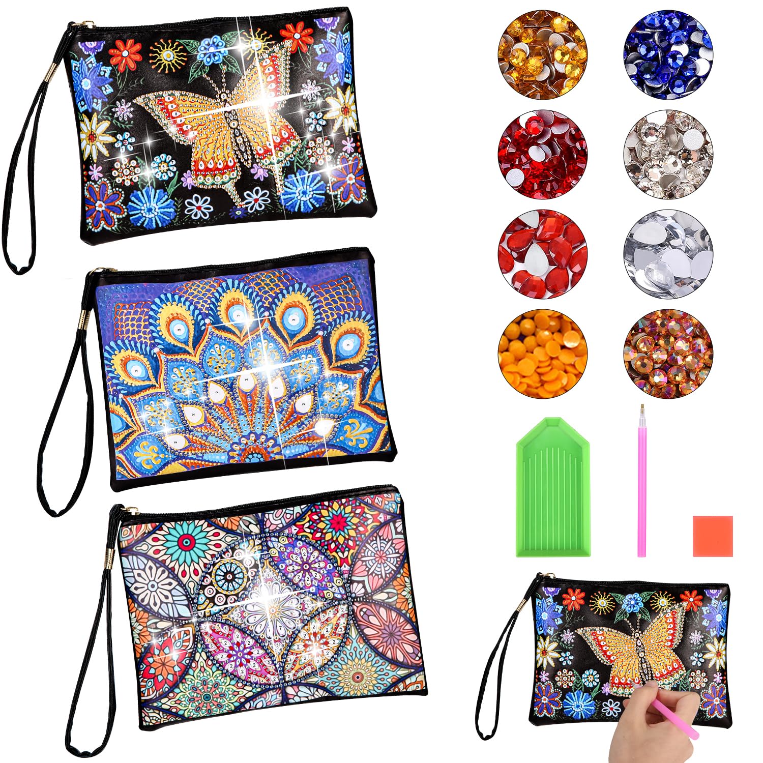 Pintura De Diamantes Niños, Regalo De Niñas 6 7 8 9 10 Años, Kit De Manualidades Niños De 6 Años Y Más, 3 Piezas Diamante Niños 6-10 Años Pequeña Bolsa De Cosméticos Pintura De Diamantes Niños Adultos