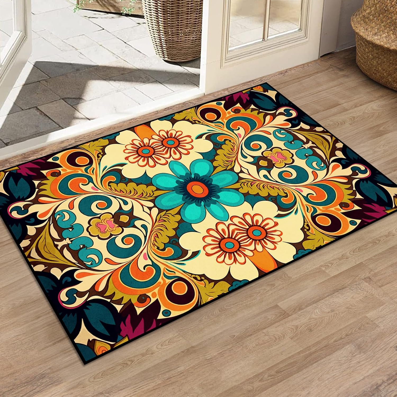 Washable Entrance Door Mat for Bedroom, Kitchen, Laundry, Entrance, Non-Slip Vintage Hallway Rug Runner with Upgrade Rubber Backing, Stain Resistant Faux Wool Distressed Carpet Runner (35.4" x 23.6")