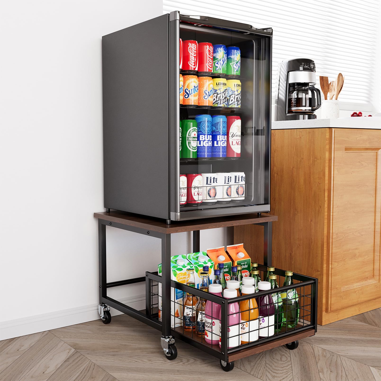 SpaceAid Mini Fridge Stand with Storage, 19.7" W x 19.7" D Heavy Duty Mobile Refrigerator Shelf Stand Table with Wheels, Fridge Cart Organizer with Drawer Basket for Home Dorm Office (Brown Wood)