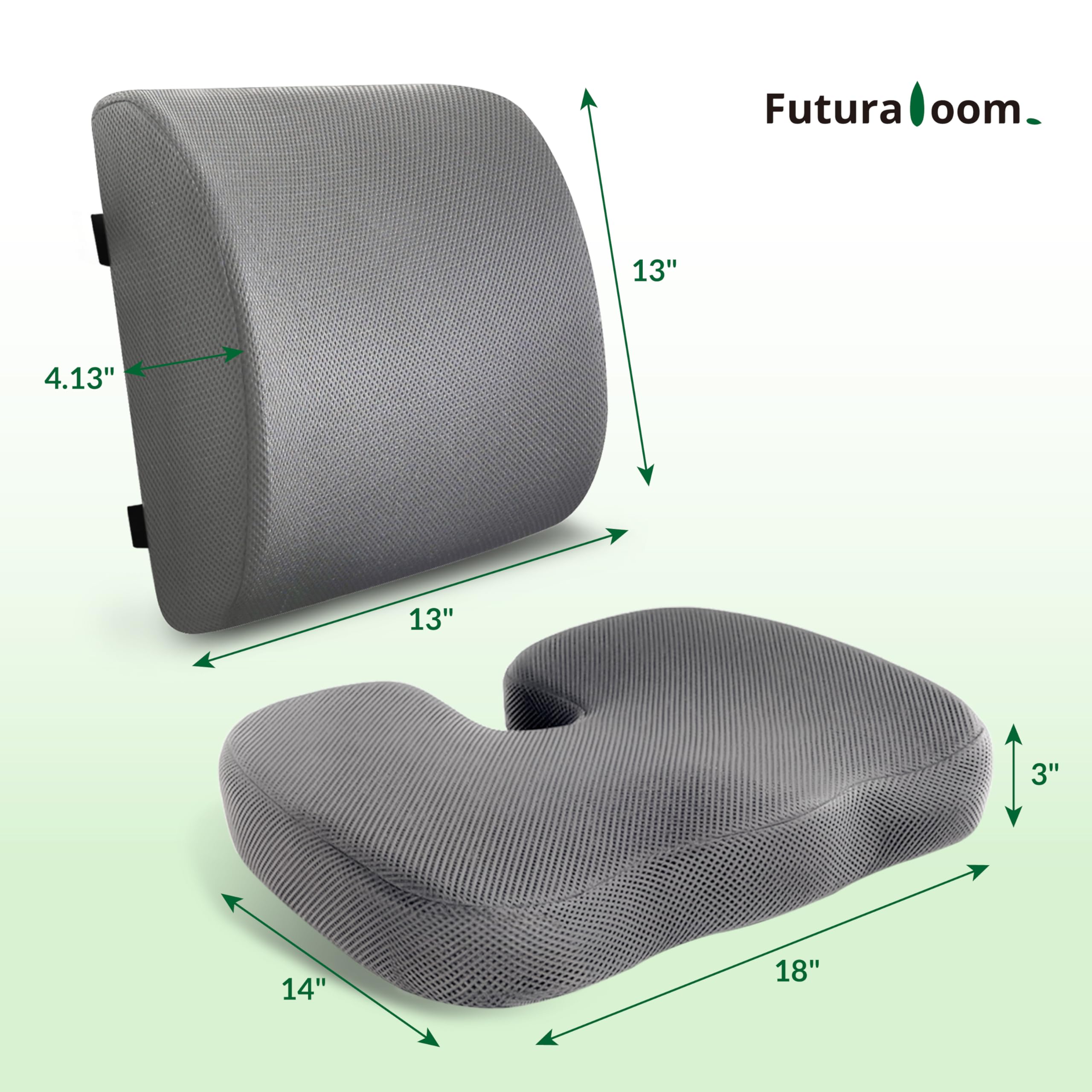 FuturaLoom Seat Cushion Adjustable Lumbar Support Pillow Set Charcoal Memory Foam Back Tailbone Pain Relief Non-Slip Washable Cover — view 2
