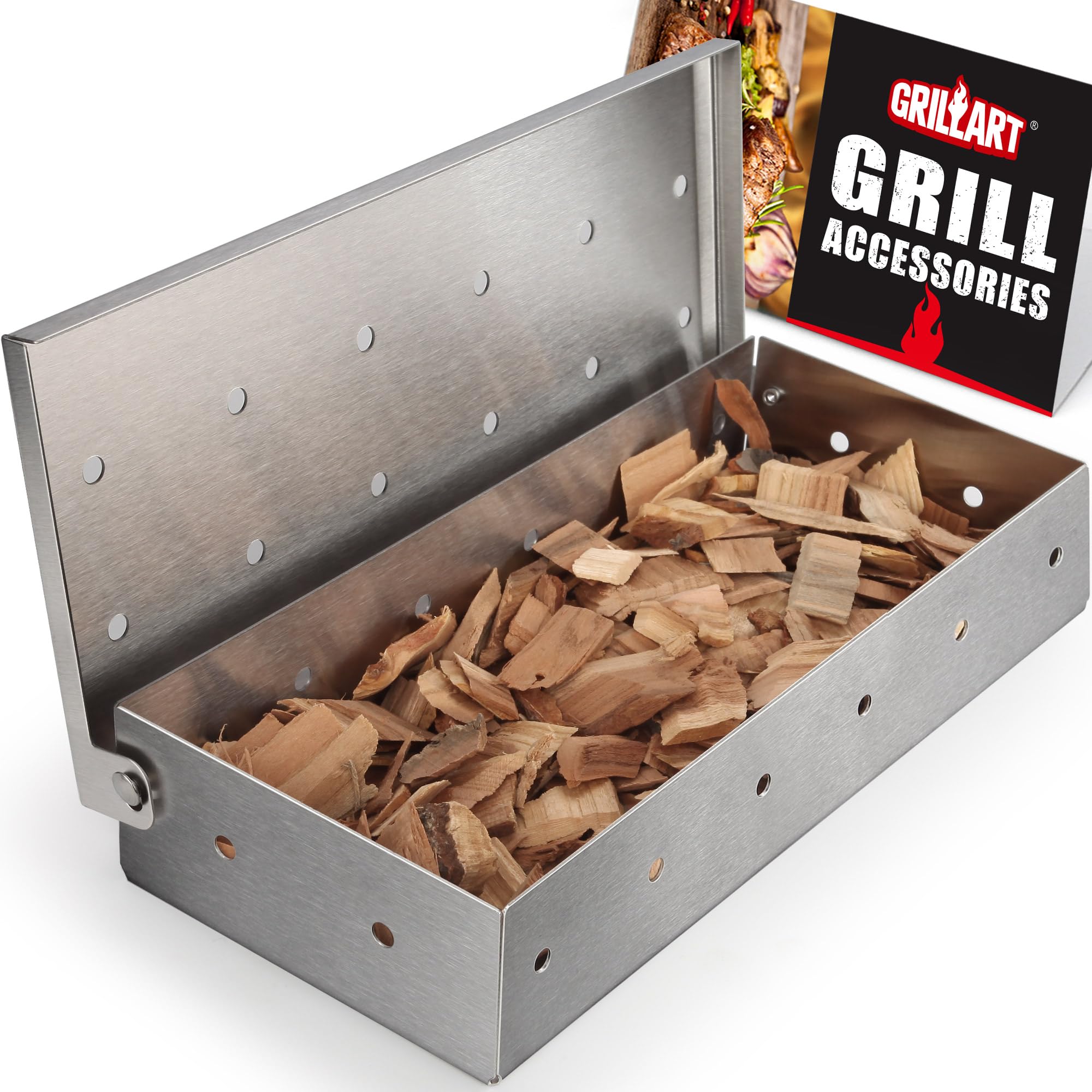 Caja de ahumador de parrilla para asar a gas y todas las parrillas, caja de ahumador de virutas de madera de acero inoxidable más gruesa, caja de ahumar, accesorios para parrilla al aire