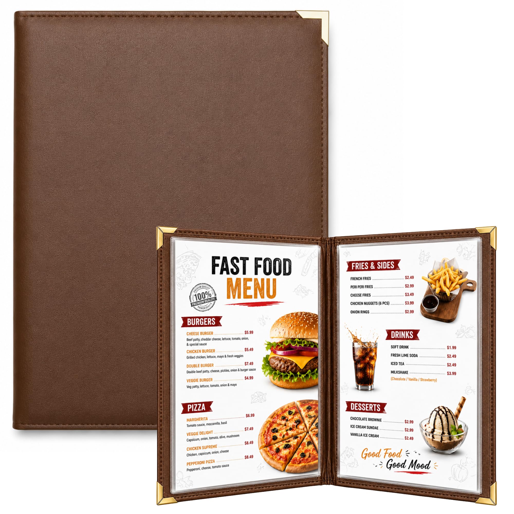 A4 Restaurant Menu Folder | Premium Faux Leather Menu Cover | 5 Transparent Sleeves (10 Display Pages) | Document Pocket & Card Holder | Hotel, Cafe & Restaurant Menu Holder | Brown | 5 Transparent Sheets, Double-Sided Viewing, Leather Texture Finish, 24 x 33 x 1 cm, Black & Brown Options-image-8