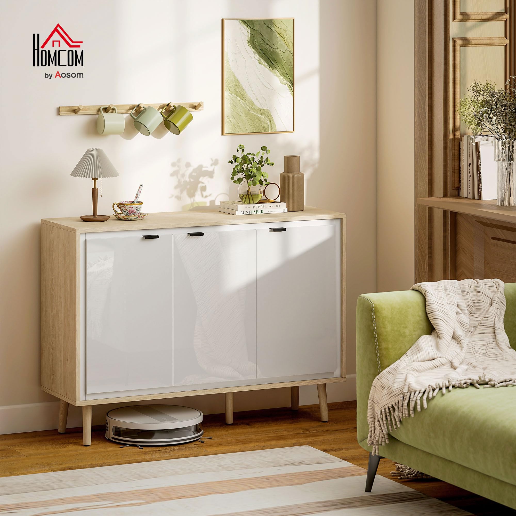 HOMCOM Credenza Cucina con 3 Ante, Mobile Cucina Moderno con Ripiano Regolabile e Piedi in Legno, Credenza Buffet per Soggiorno, Sala da Pranzo e Salotto, 107x35x77 cm, Bianco Lucido e Rovere