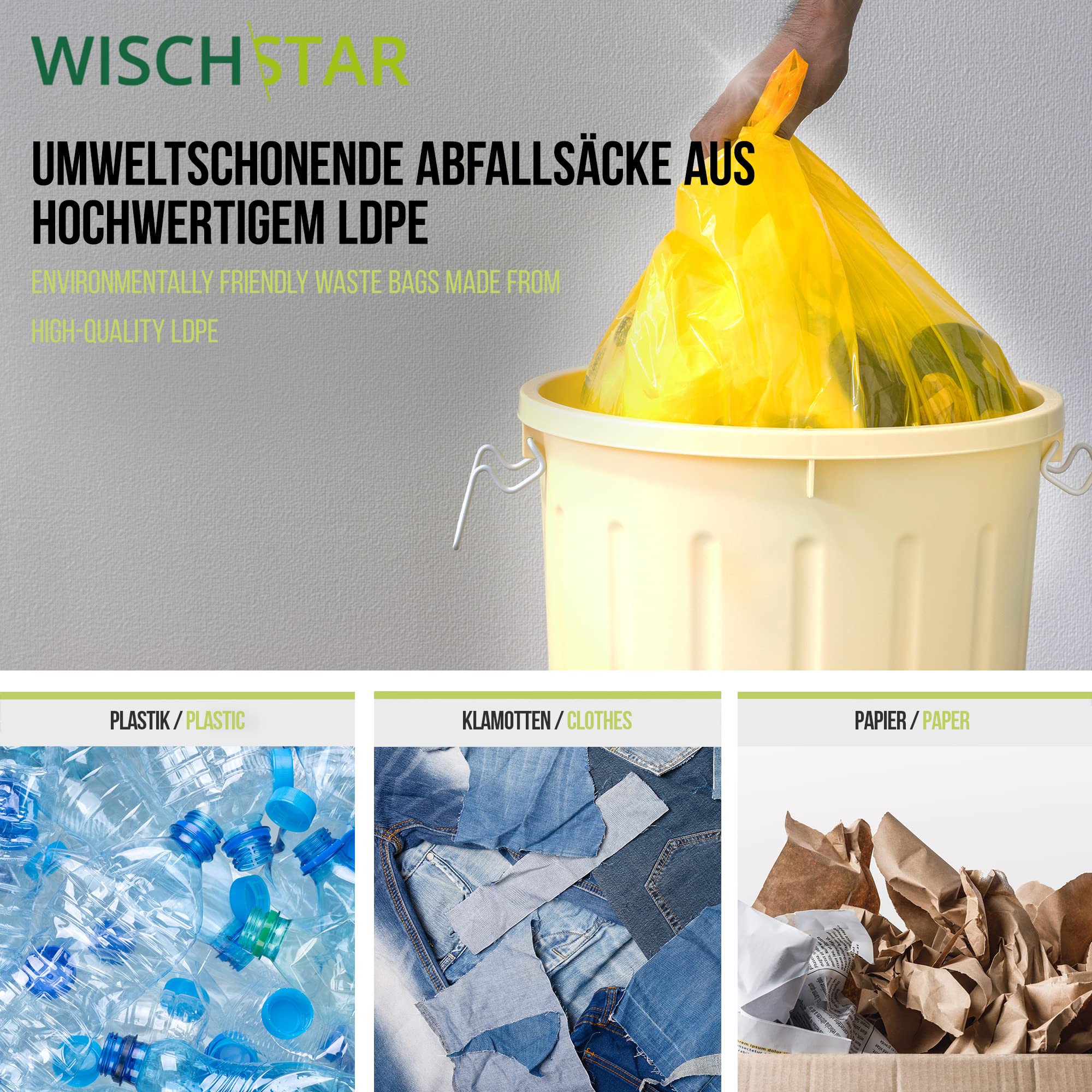 Wisch Star Müllbeutel 120L in Gelb, 10 Rollen à 25 Stück | Mülltüten groß 700x1100mm extra stark, reißfeste und stabile Abfallsäcke, Schwerlast Müllsäcke für hohes Müllaufkommen