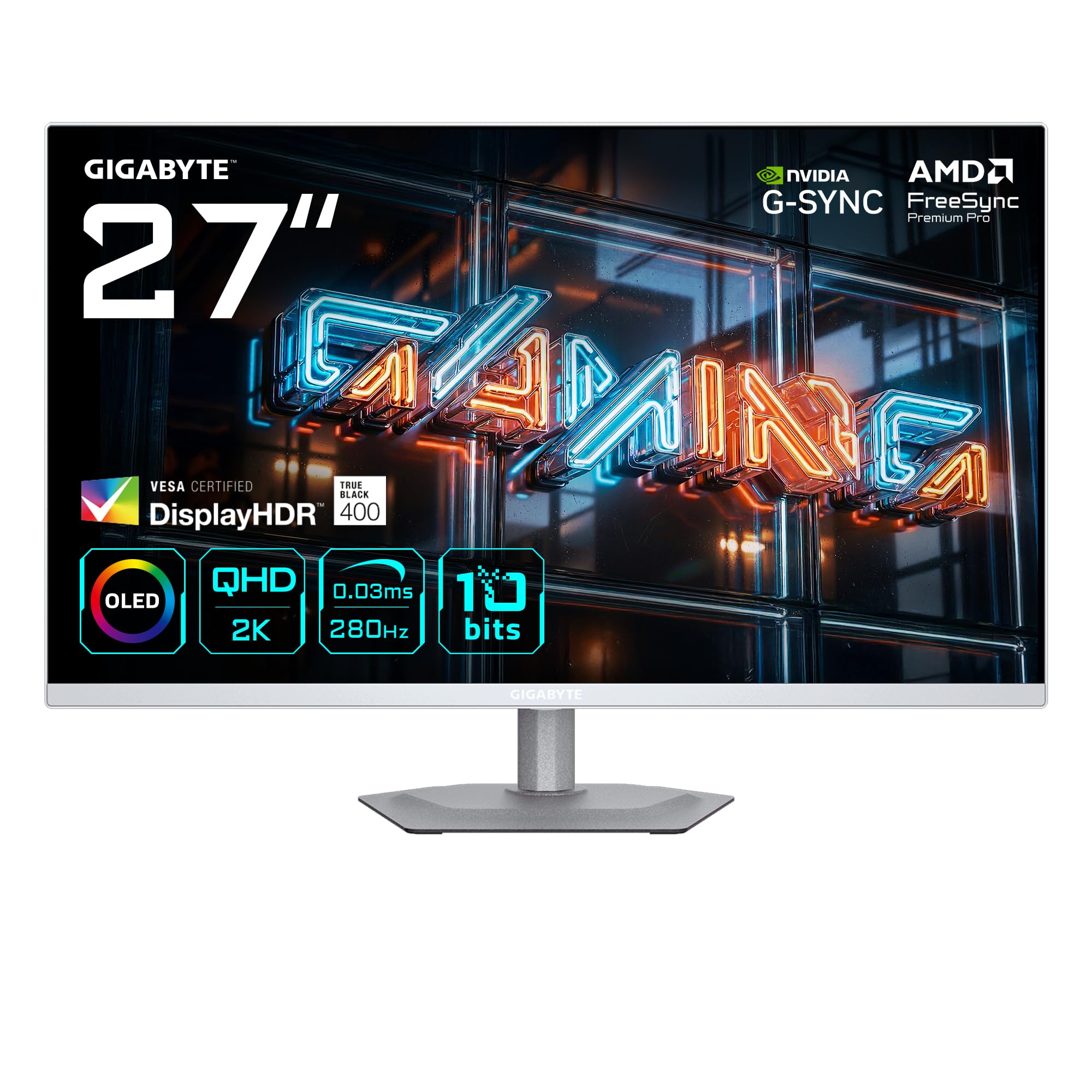 GIGABYTE MO27Q2A Ice 27” OLED 2K QHD Gaming Monitor - 2560 x 1440, 280Hz, 0.03ms, 250 CD/m², FreeSync Premium Pro, DisplayHDR True Black 400, HDMI 2.1, Displayport 1.4