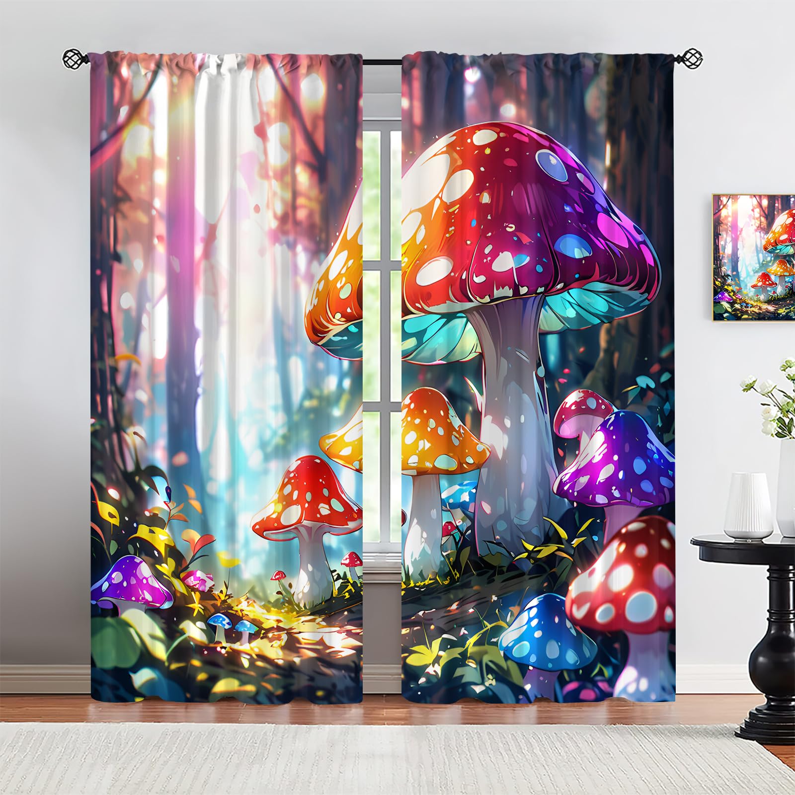 Dreamy Colorful Mushroom Curtains for Girls Bedroom, Forest Sunshine Trees Kids Blackout Curtain, Wind Blocking Privacy Window Treatments for Living Room Bedroom Kitchen-W42xL63in
