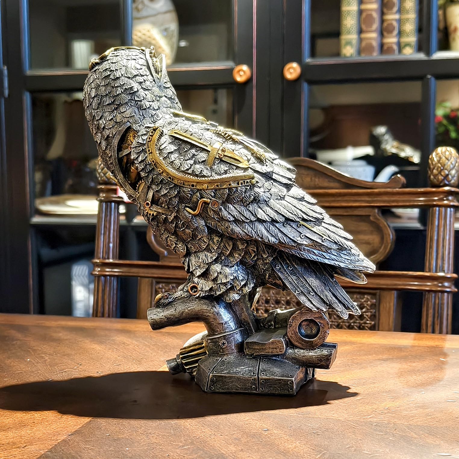 OUTOUR Steampunk Sowa Statua 39 cm H Metaliczny Srebrny Złoty Gotycki Kolekcjonerska Figurka Zwierząt Mądrość Prezent Sowa Rzeźba Dom Biuro Wystrój Salon Blat Wyświetlacz