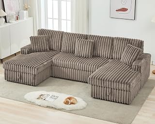 Oversized Sectional Sleeper Sofa with Pull Out Bed,Dual Storage Chaise,3 Pillows U Shaped 6 Seat Fuzzy Rabbit Plush Large Modular Sectional Sofa Bed for Living Room,122 Inch,Brown