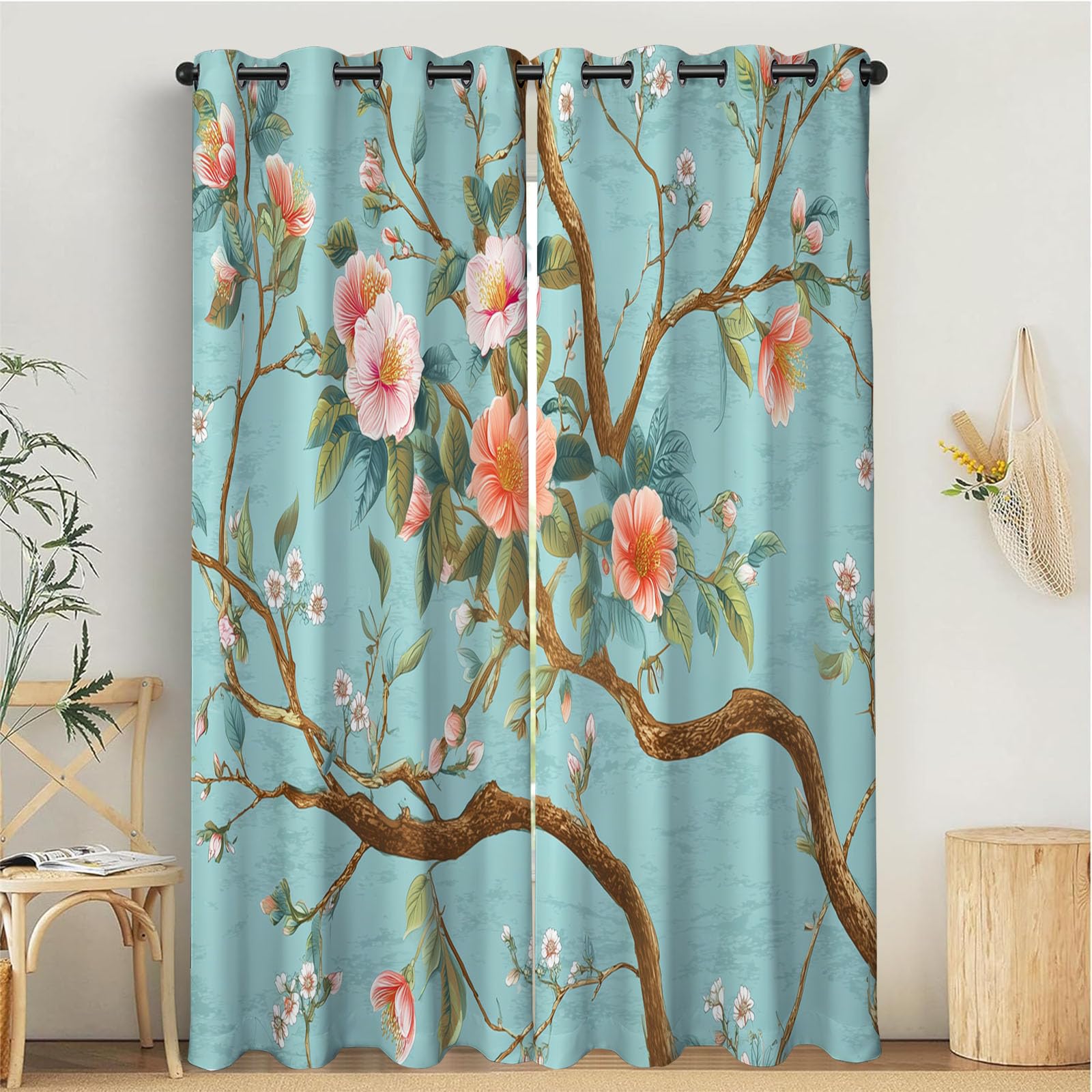 Rideaux motif fleurs branches bleu clair occultants pour salon et nuit calme