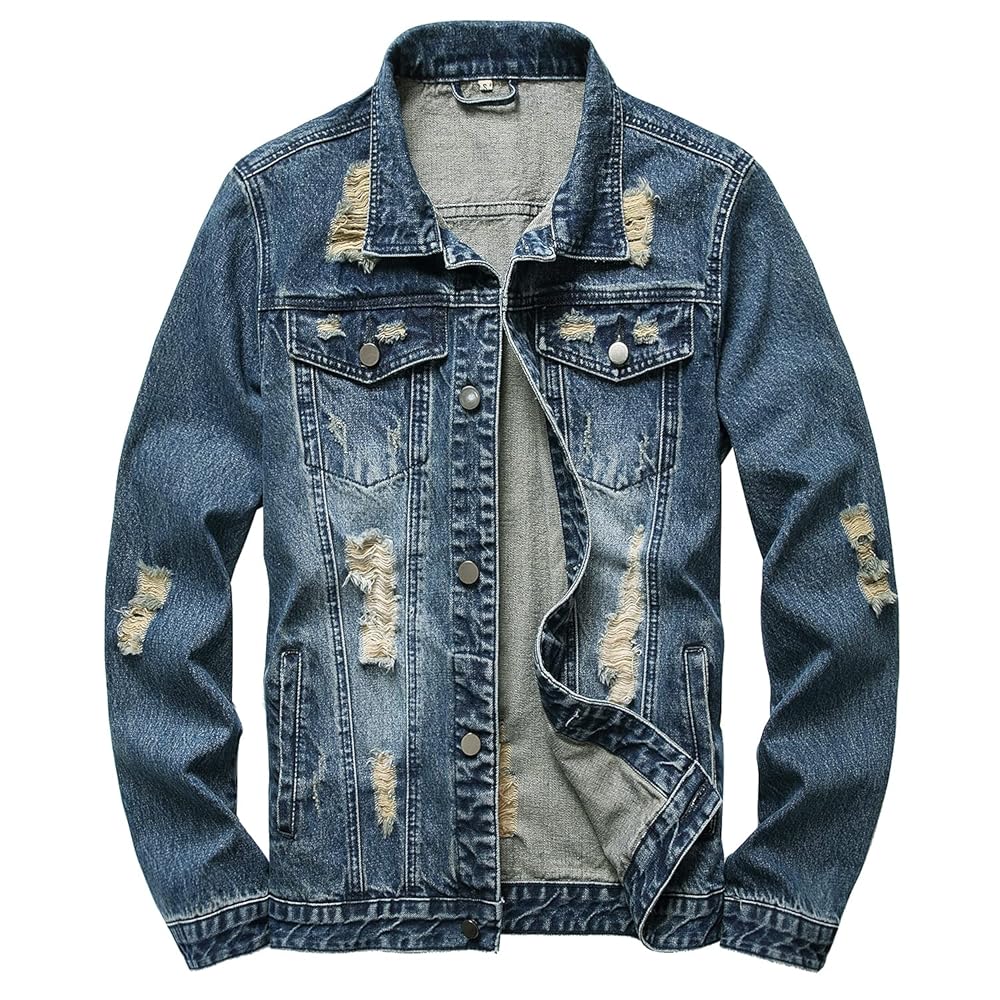 RANMCC Jean Jacket for Men Slim Fit Ripped Denim Jacket Coat