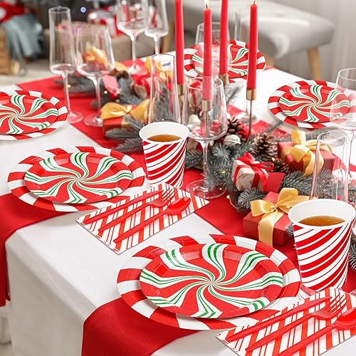 Miniatura 3 de Platos de fiesta de bastón de caramelo de Navidad, vajilla desechable de Navidad, remolino de menta, rojo y verde, servilletas, cuchillos, cuchara,