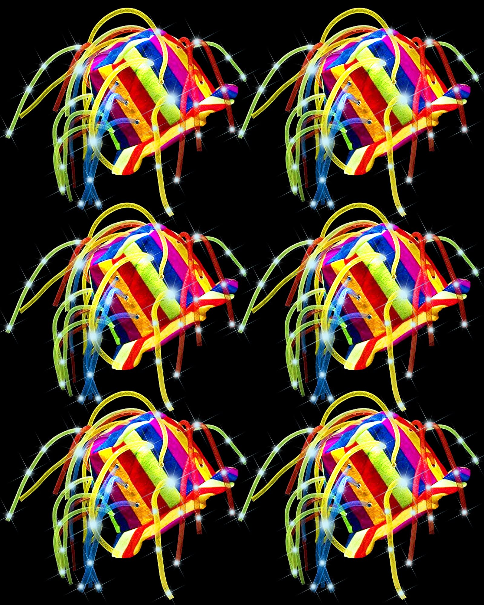 Wesiti 6 Pcs LED Funny Clown Crazy Hat Light up Jester Glow in Dark Crazy Hat Mardi Gras Noodle Hair for Adults Halloween Christmas Party Cosplay Costume Decor Supplies