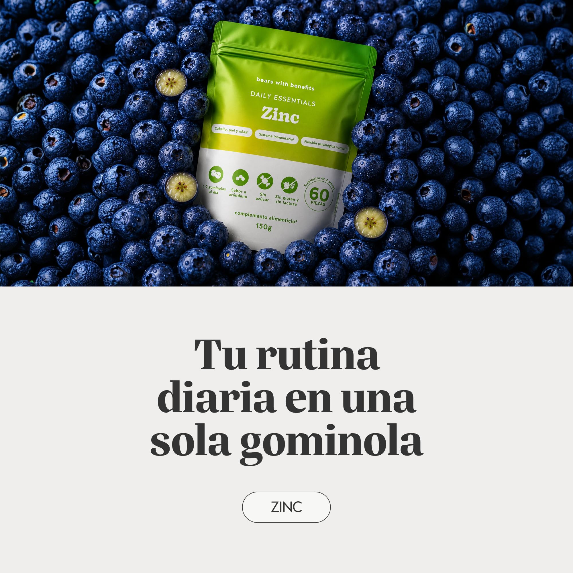 Bears with Benefits - Gominolas Zinc - Pelo & Uñas - 60 unidades | Zinc 25 mg - Zinc - Cura de 2 meses - Sin Azúcar, Vegano